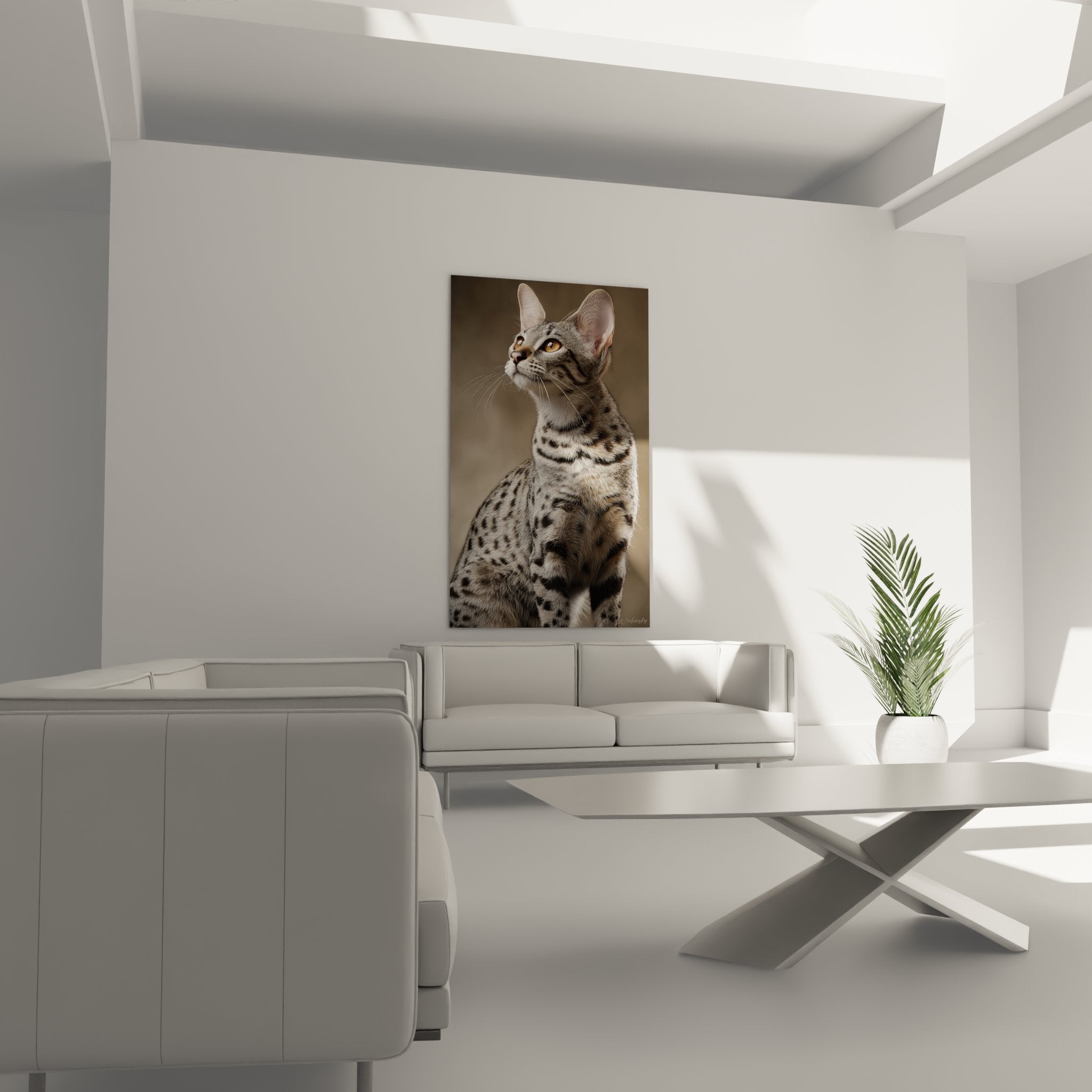 Gros plan yeux dorés et motifs pelage tacheté chat Savannah, détails artistiques haute qualité