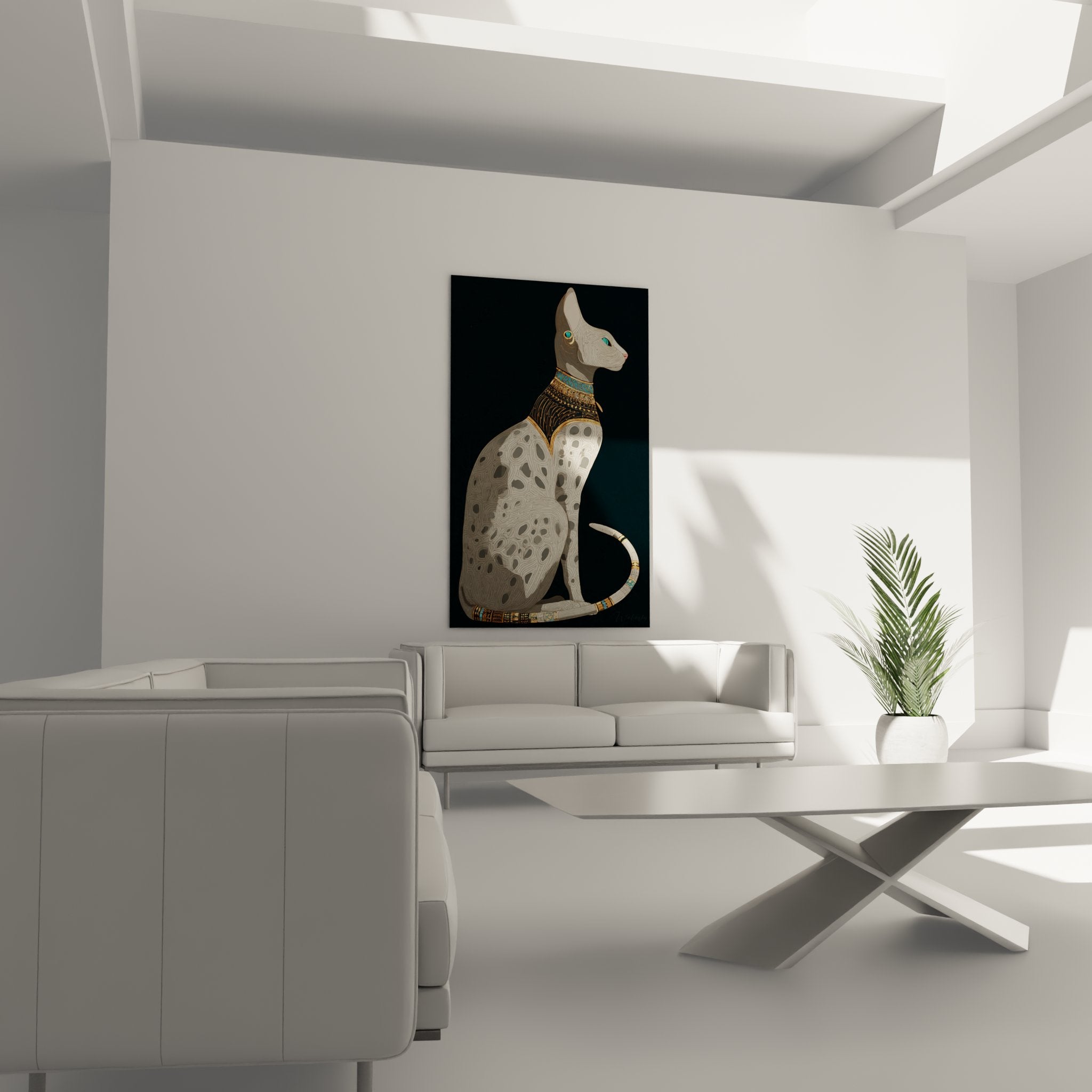 Nahaufnahme des ägyptischen Katzengemäldes mit goldenen Verzierungen, Türkis und künstlerischen Kreismotiven