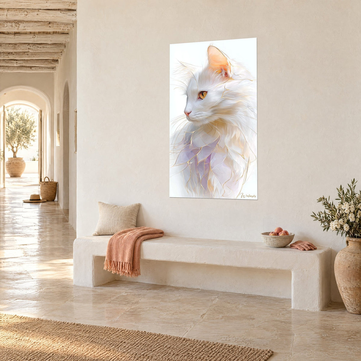 Wall art long-haired cat with immaculate white fur, peach-orange ear, golden veining, hung on a beige wall of a vaulted hallway