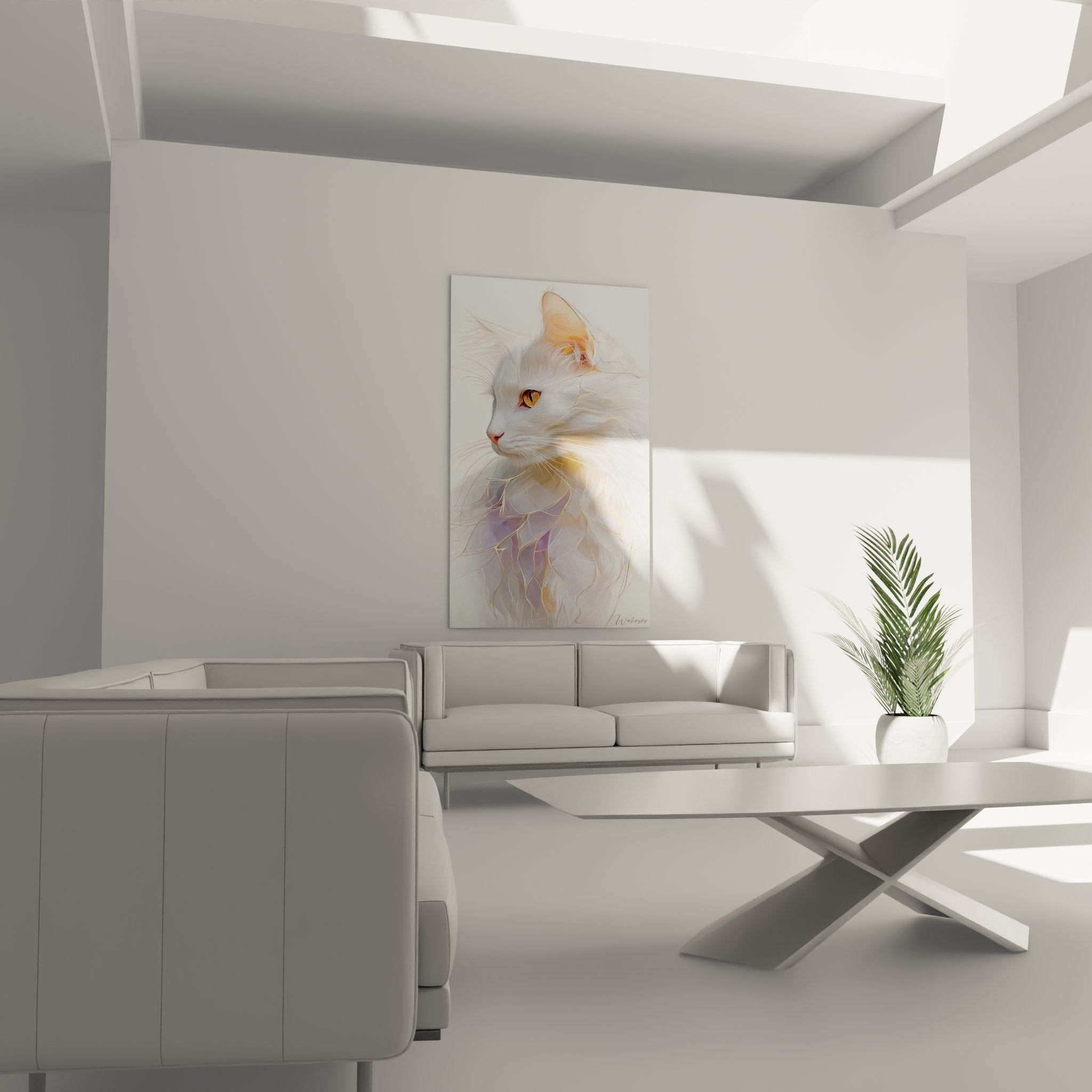 Nahaufnahme-Details Gemälde Turkish Angora weiße seidiges Fell bernsteinfarbene Augen künstlerisch