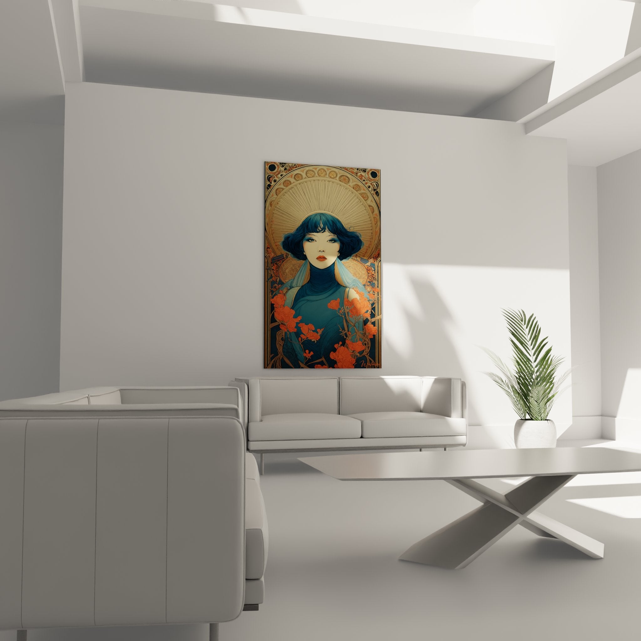 Art nouveau woman portrait detail blue hair orange poppies vintage decorative style