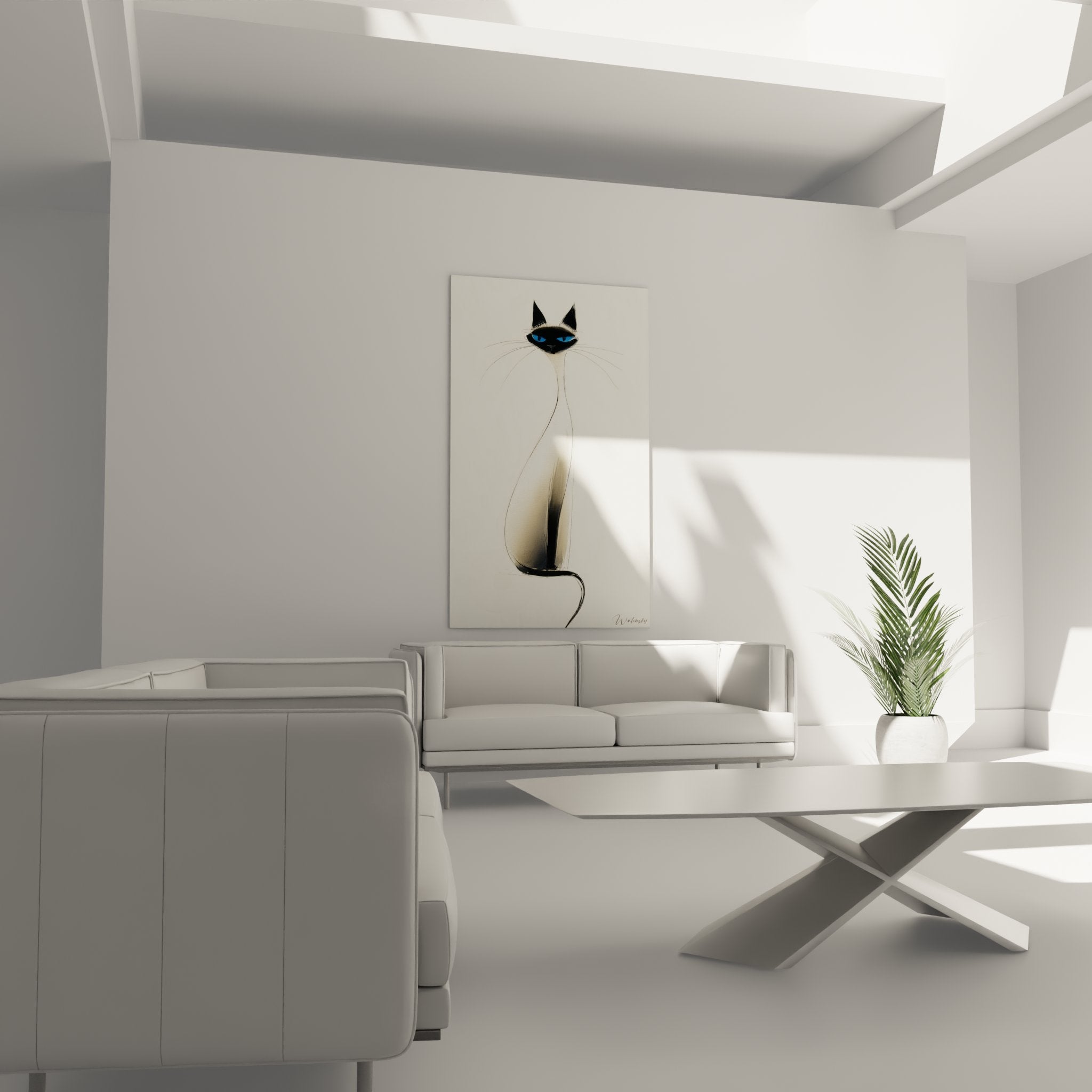 Close-up of Siamese cat wall art showing turquoise blue eyes details and delicate whiskers