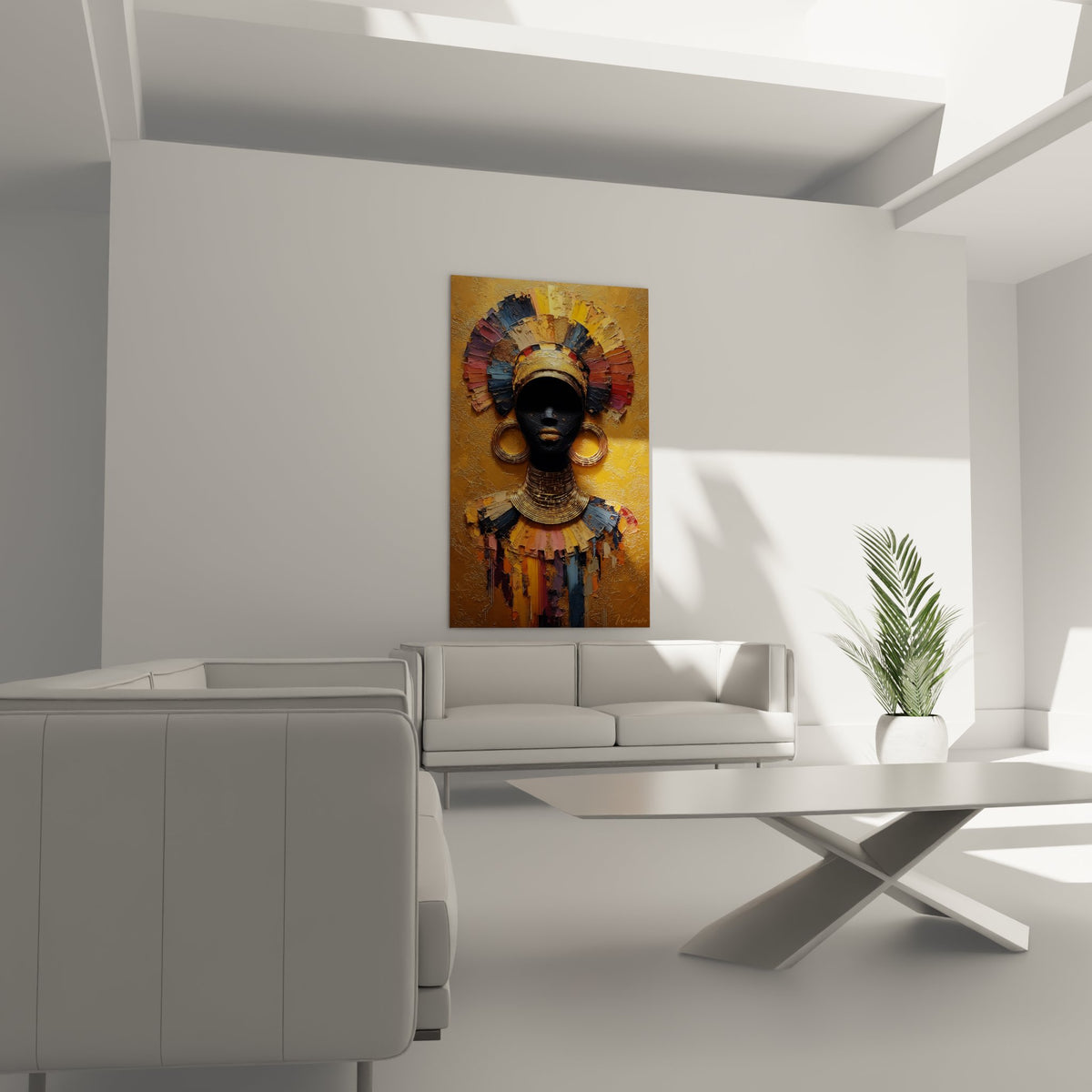 Nahaufnahme afrikanische Maske dicke Malerei goldene Halsketten bunte Spiralfedern