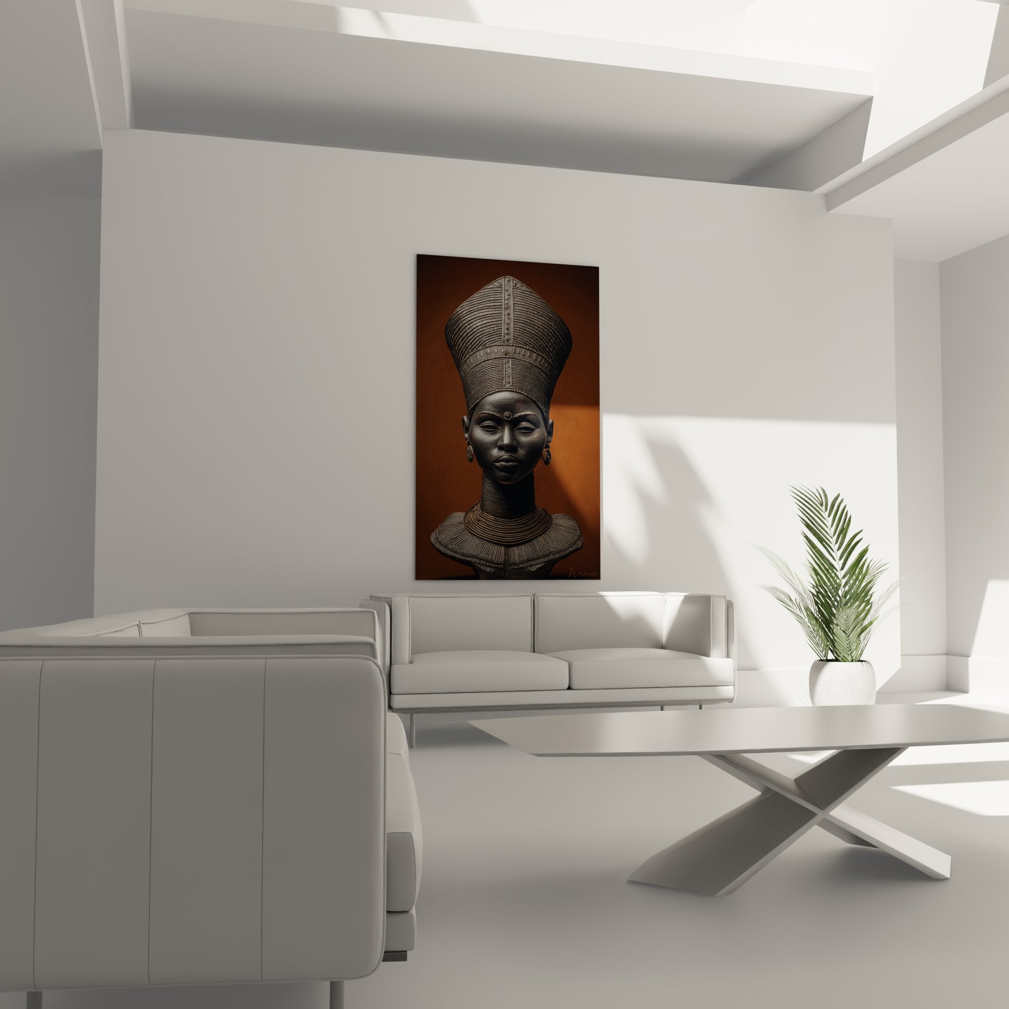 Nahaufnahme der geschnitzten Details des afrikanischen Königsgesichts mit serener Ausdrucksweise und Ornamenten