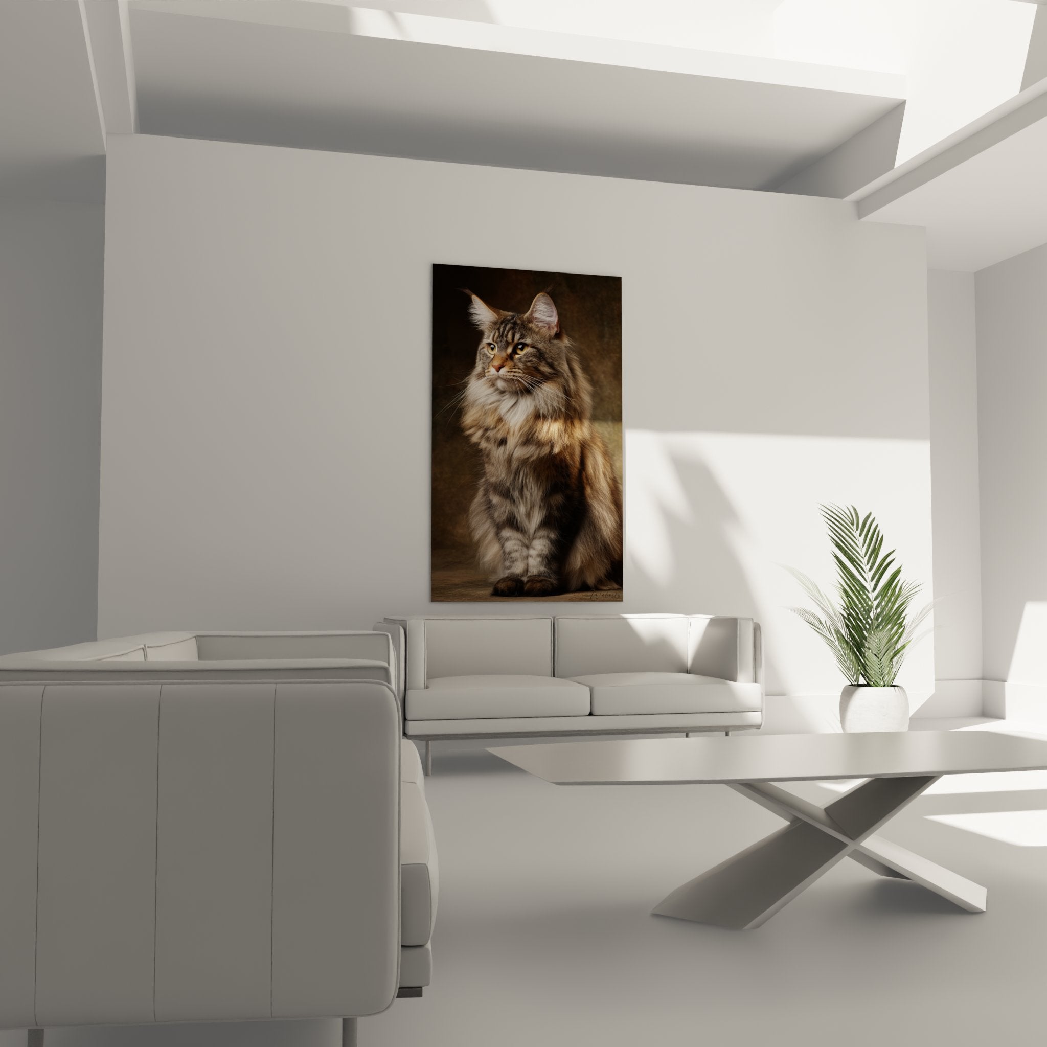 Primo piano sullo sguardo penetrante e la pelliccia setosa del Maine Coon, dettagli artistici eccezionali