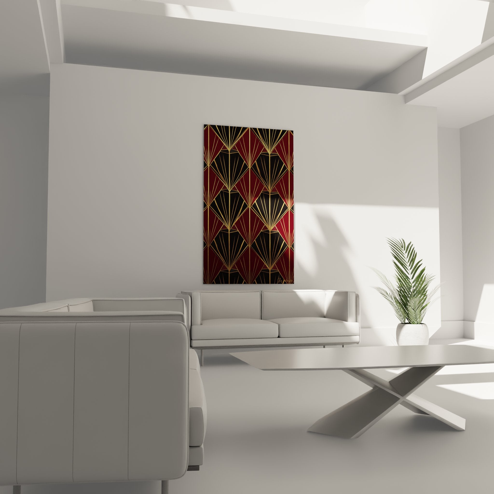Art Deco geometric pattern detail burgundy fans golden rays luxury design