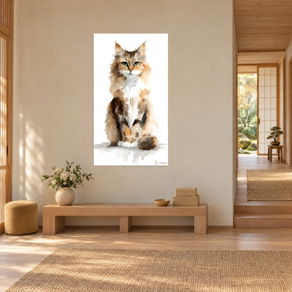 Cuadro gato angora de pecho blanco y pelaje caramelo, regueros grises bajo las patas, pared beige y banco de madera clara