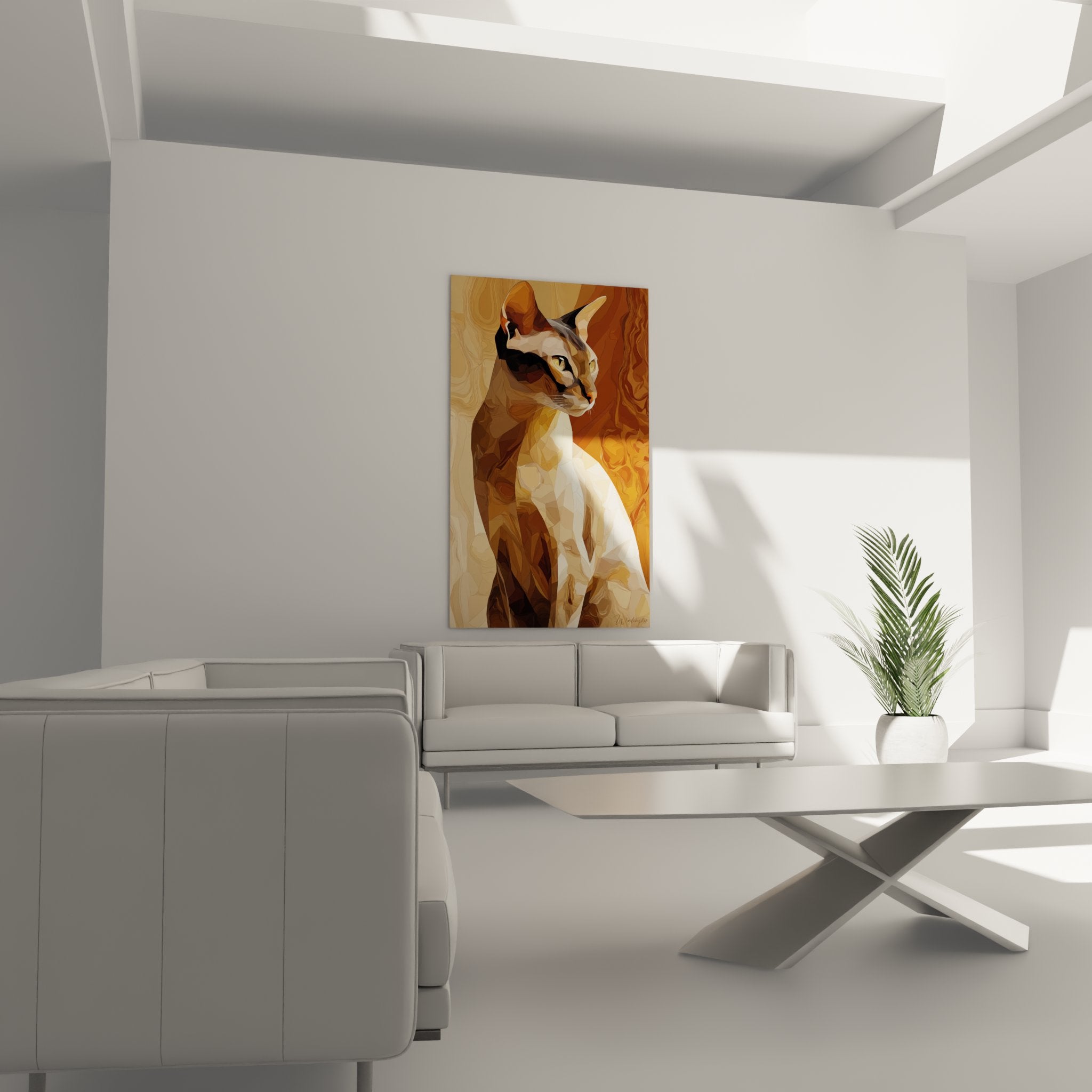 Detail du portrait chat Sokoke art polygonal, technique facettes geometriques et couleurs naturelles