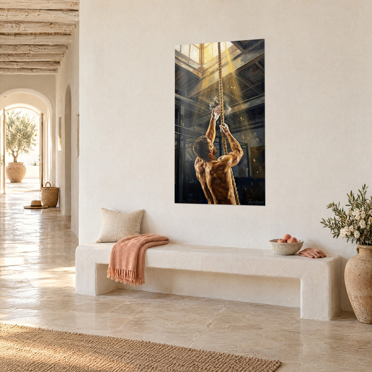 Wall art athlete reaching back toward an amber skylight, beige rope and dark beams, in a vaulted Mediterranean hallway