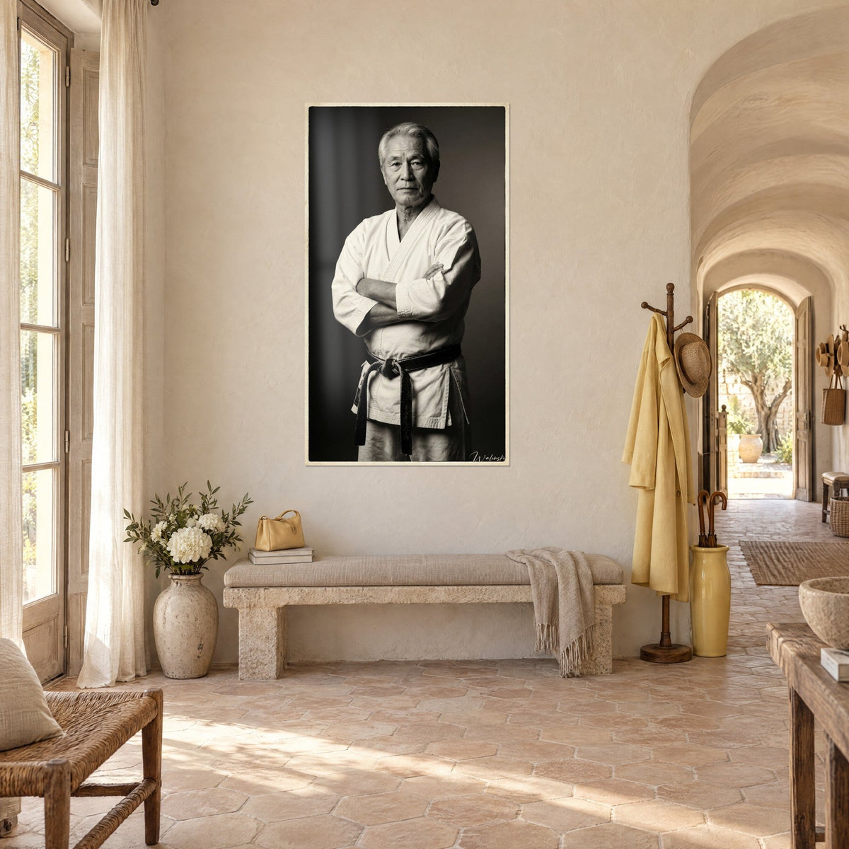 Wall art of a sensei with a serious gaze, silver hair, ivory gi and dark knotted belt, in black and white, arched corridor of the farmhouse
