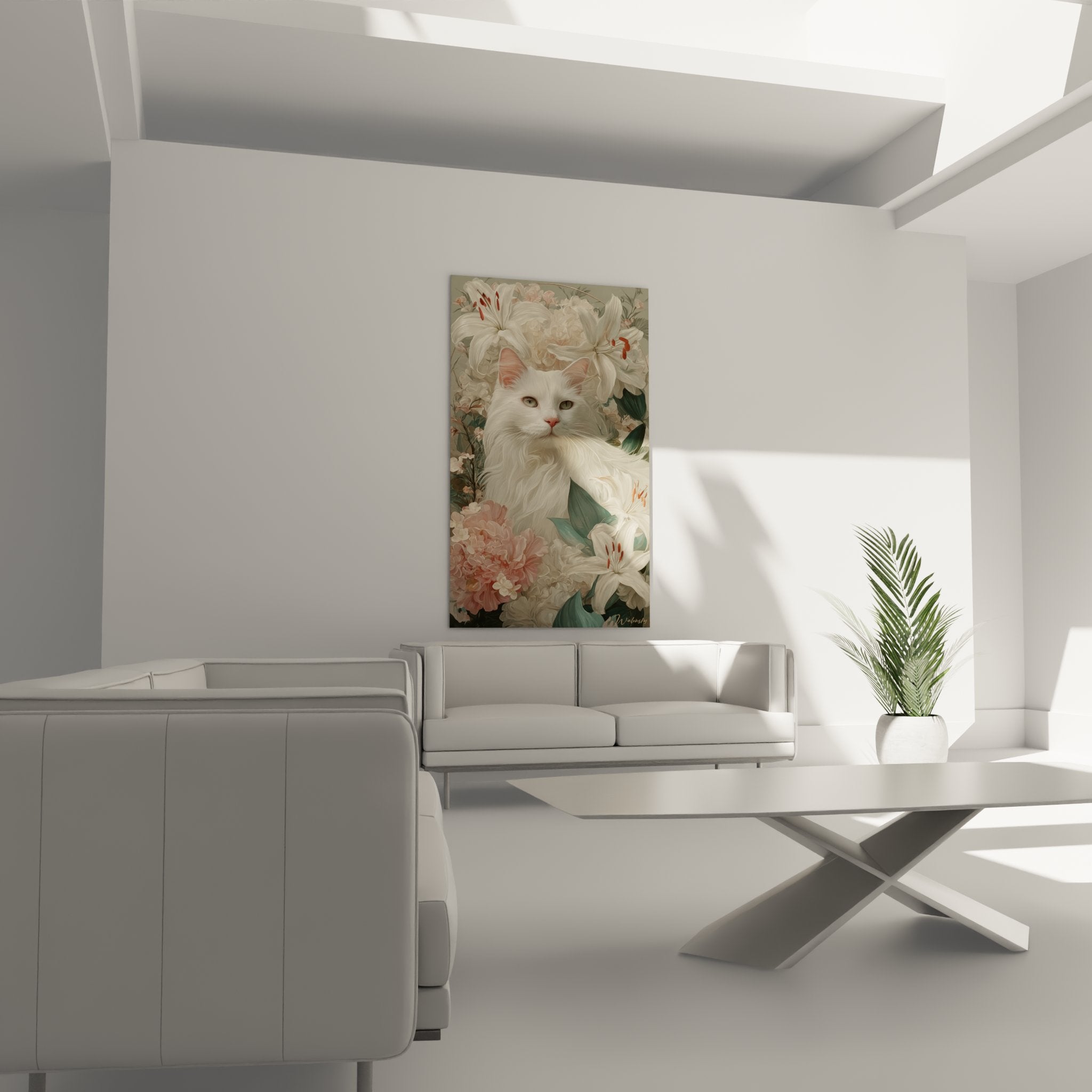 Close-up detail white Turkish Angora cat silky coat among white lily petals delicate art