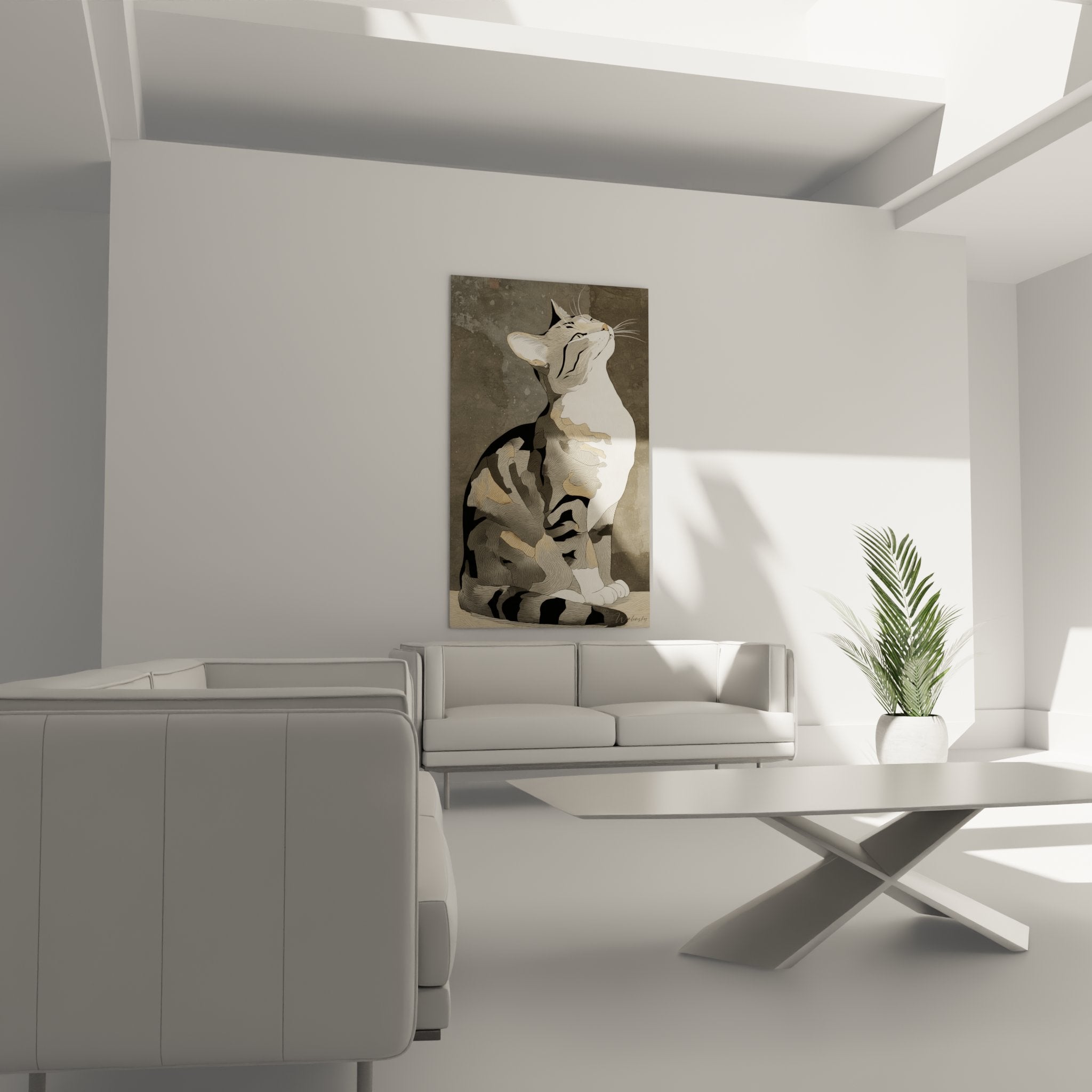 Gros plan tableau chat American Shorthair, détails pelage rayé brun et blanc, expression contemplative