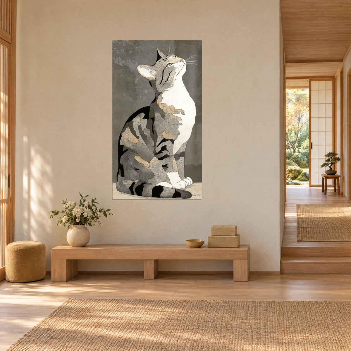 Πίνακας καθιστής American Shorthair με λεπτά λευκά μουστάκια και τρίχωμα ριγέ μαύρο και μπεζ, σε ιαπωνικό-σκανδιναβικό χολ, σε τρία τέταρτα
