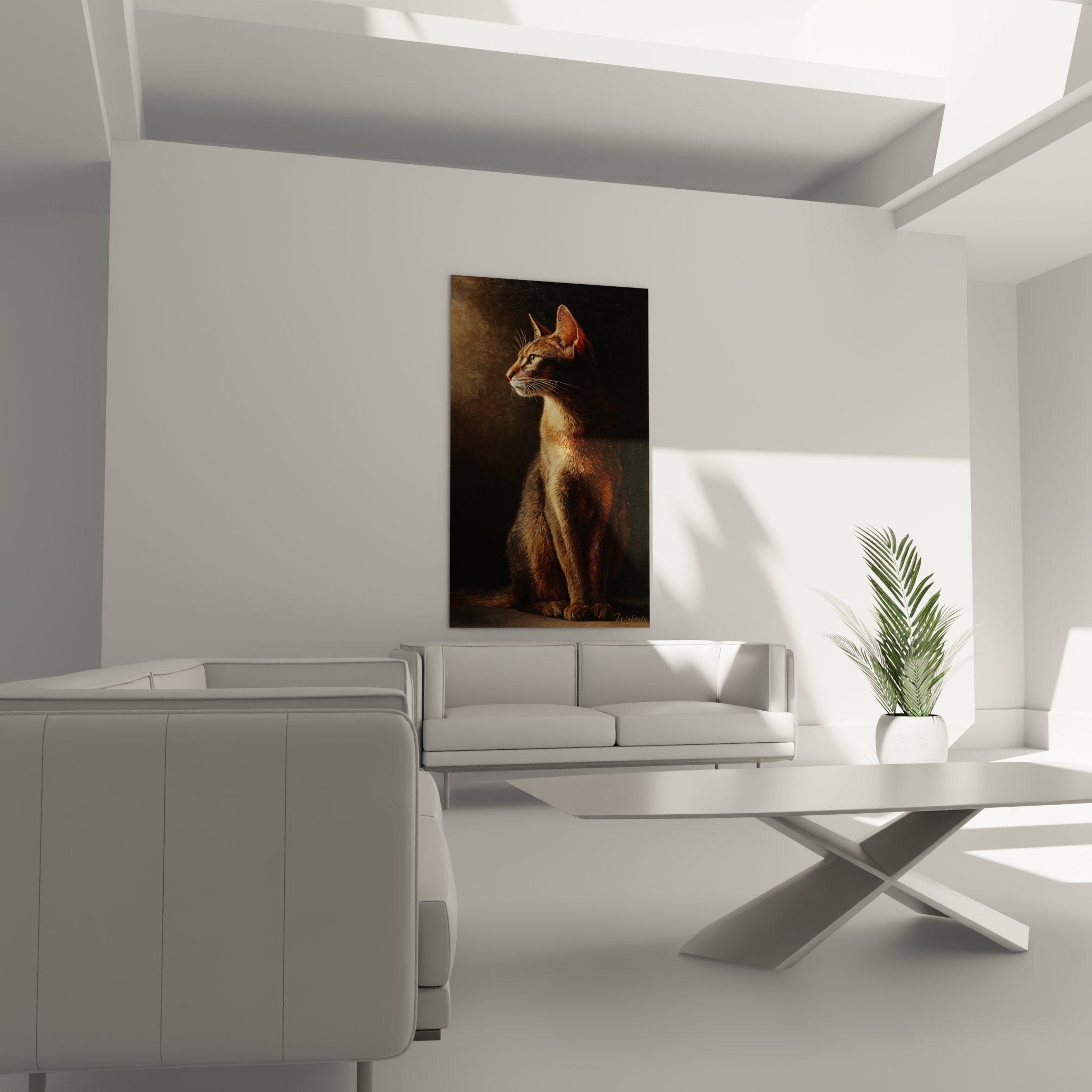 Primo piano del quadro che mostra i dettagli del manto rosso-dorato del gatto Abissino