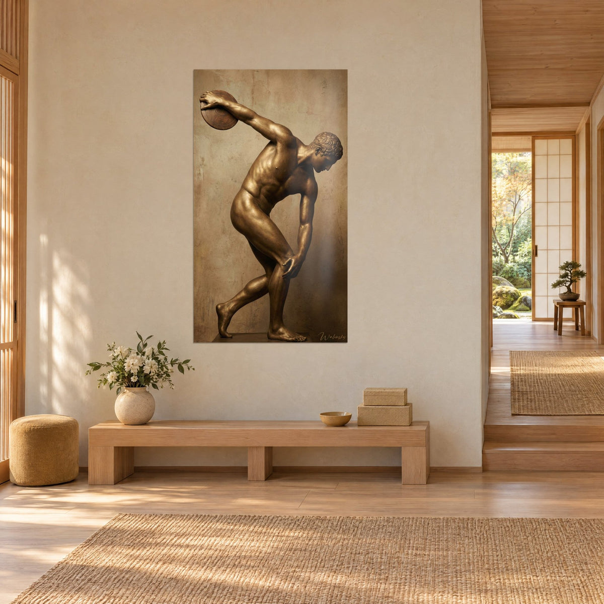 Wall art ancient athlete bending forward, brown discus raised, golden-toned muscles on beige background, three-quarter view, light wood bench