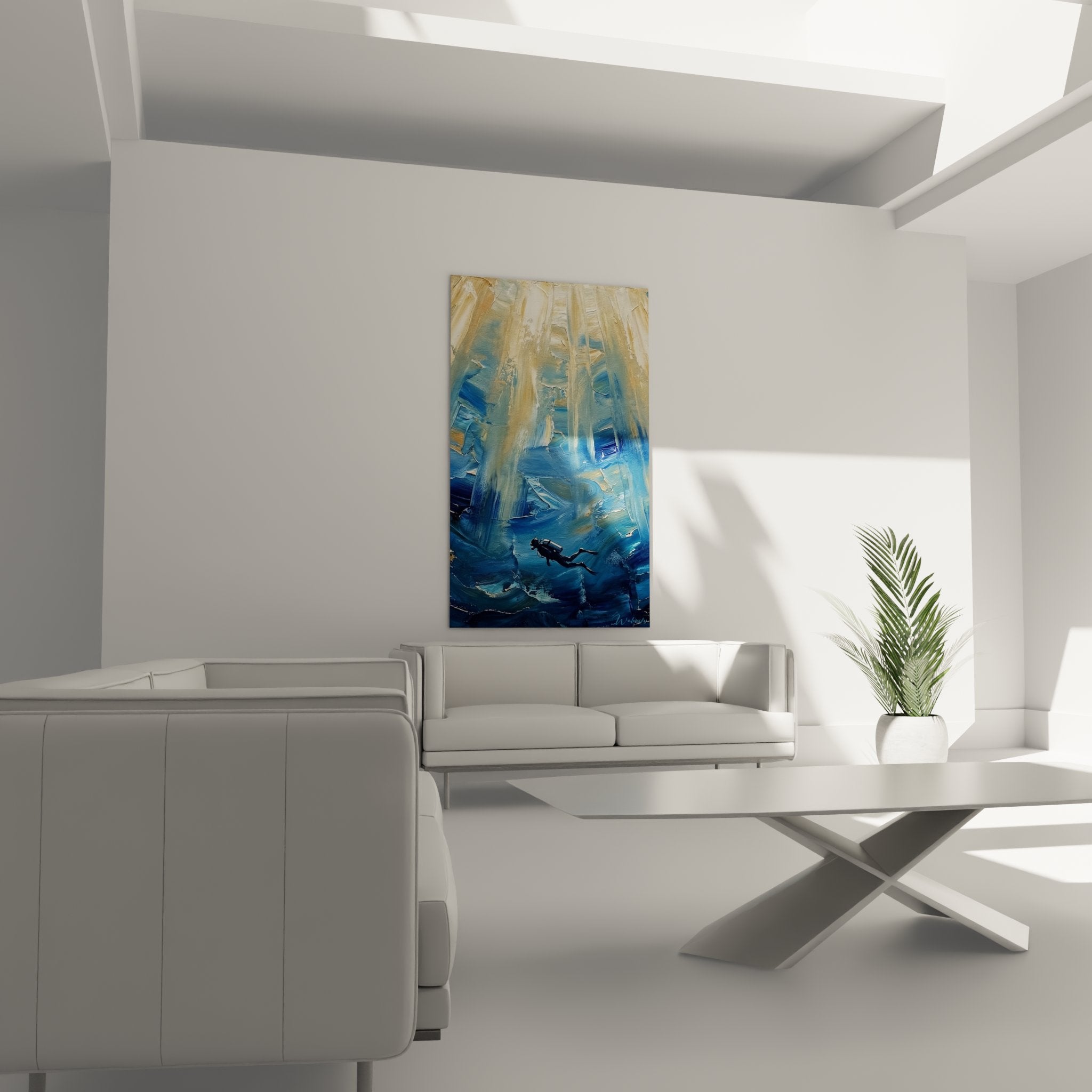 Dettaglio del quadro che mostra le texture del ghiaccio e le sfumature di blu di questa opera di immersione polare