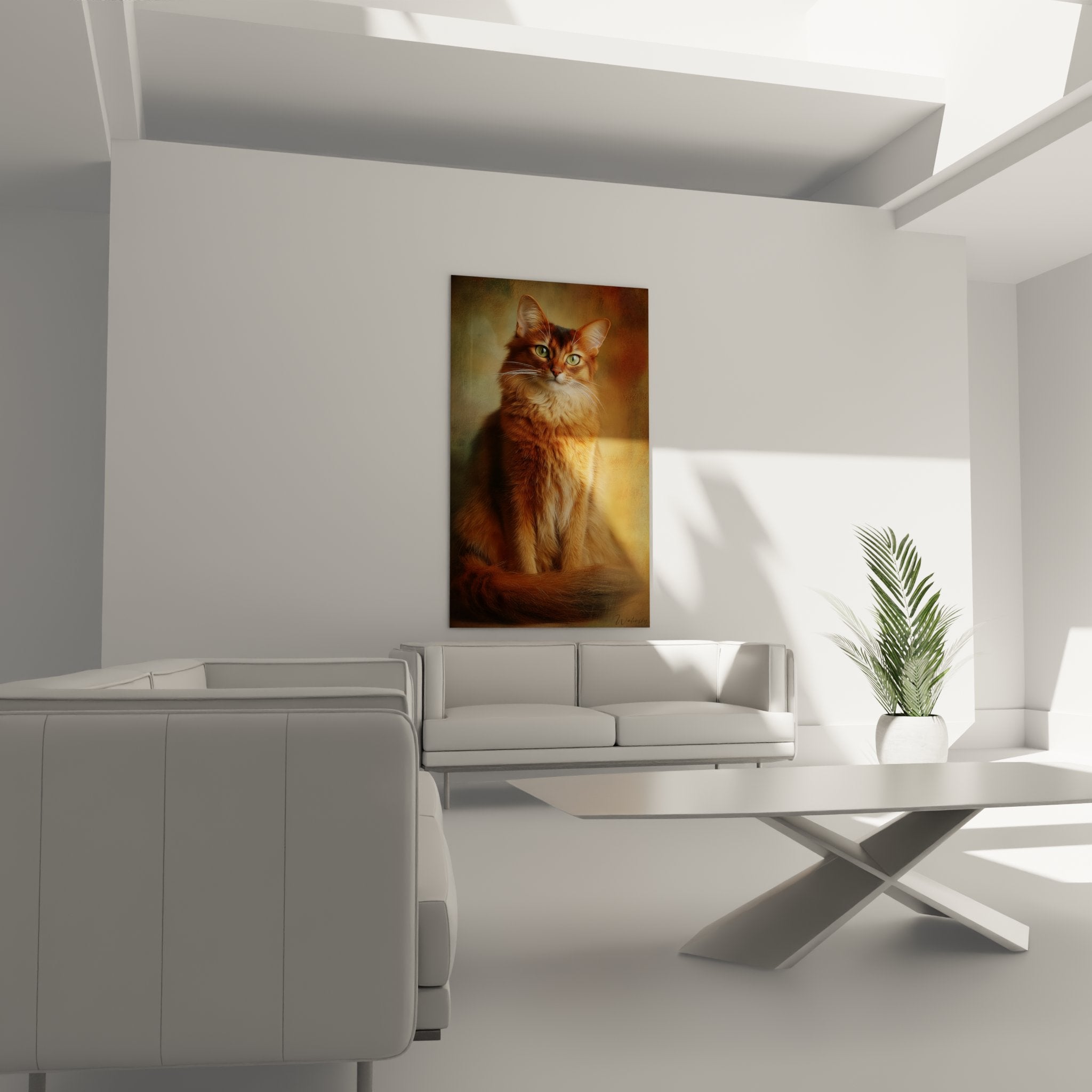 Close-up portrait of ginger Somali cat, detailed copper coat and piercing emerald eyes, realistic feline art