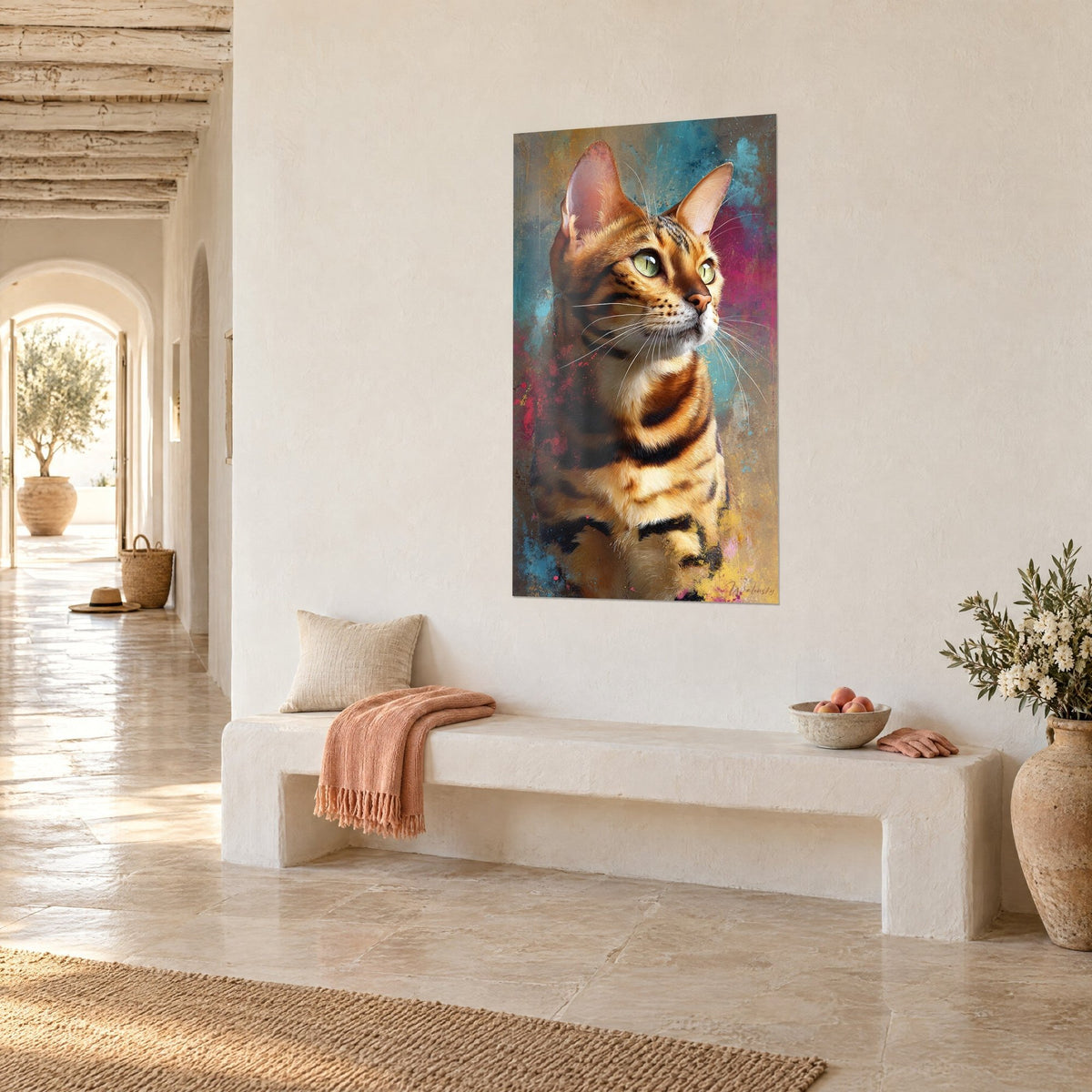 Wall art spotted wild cat with pale green eyes, duck-blue background and powdery pinks, three-quarter view above a white bench, vaulted hallway
