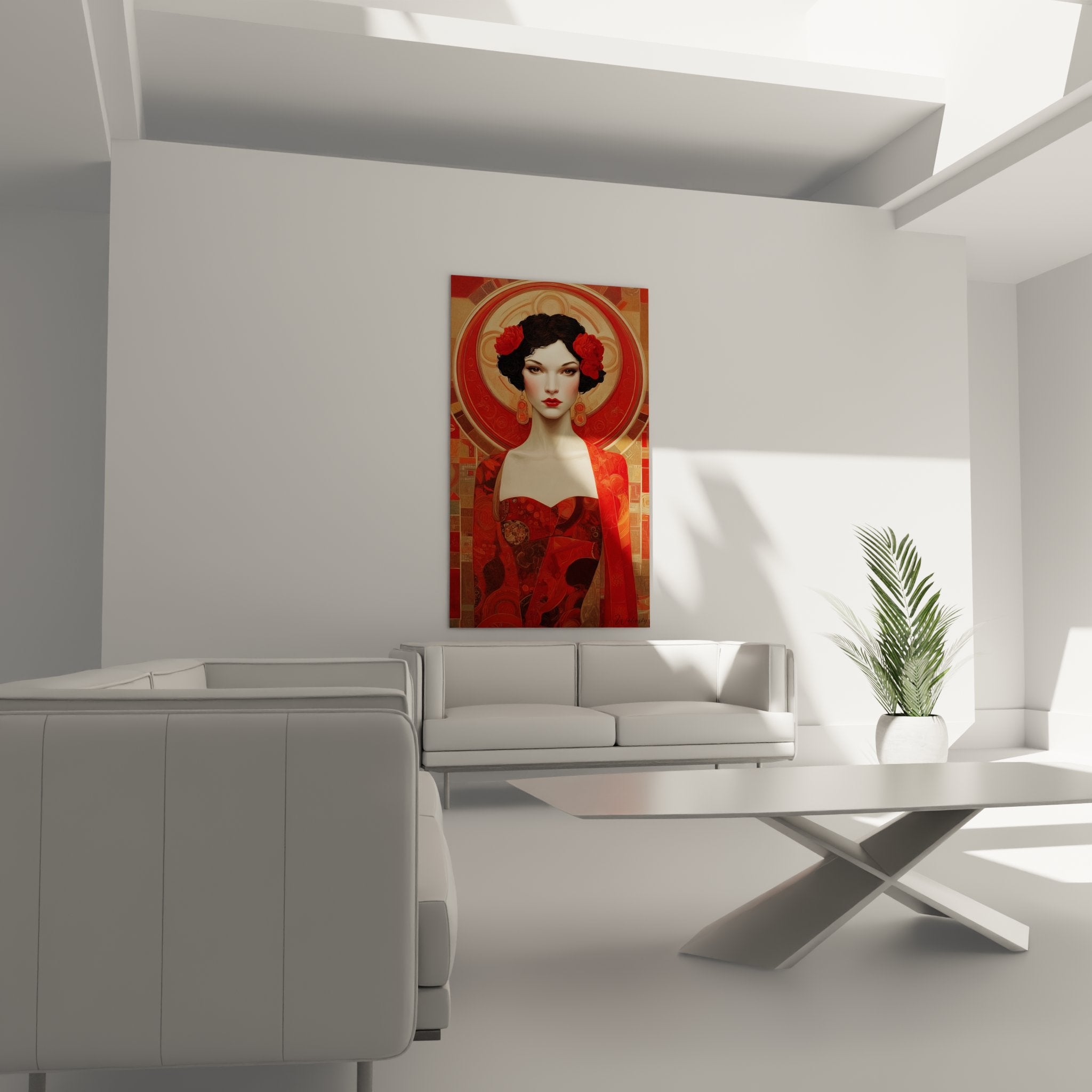Dettaglio ritratto art déco donna con labbra rosse, acconciatura ornata di rose e orecchini pendenti