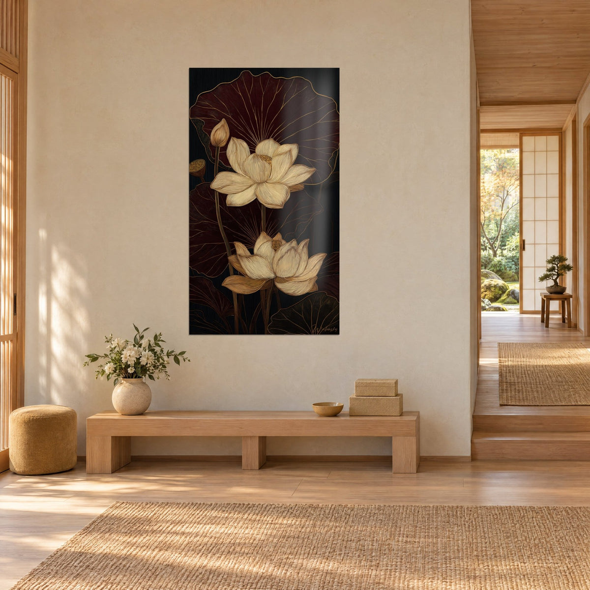 Wall art of ivory water lily flowers with finely hatched petals, black background and purple leaves, Japandi hallway
