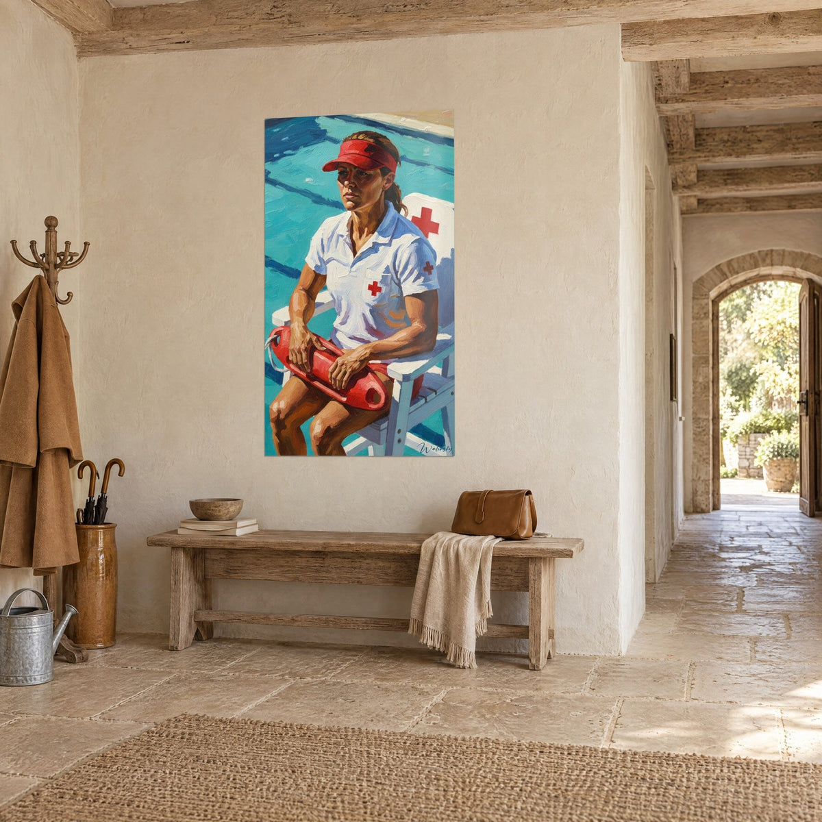 Tableau sauveteuse assise sur sa chaise haute blanche, bassin turquoise rayé de bleu, bouée écarlate, au-dessus d'un banc de pierre