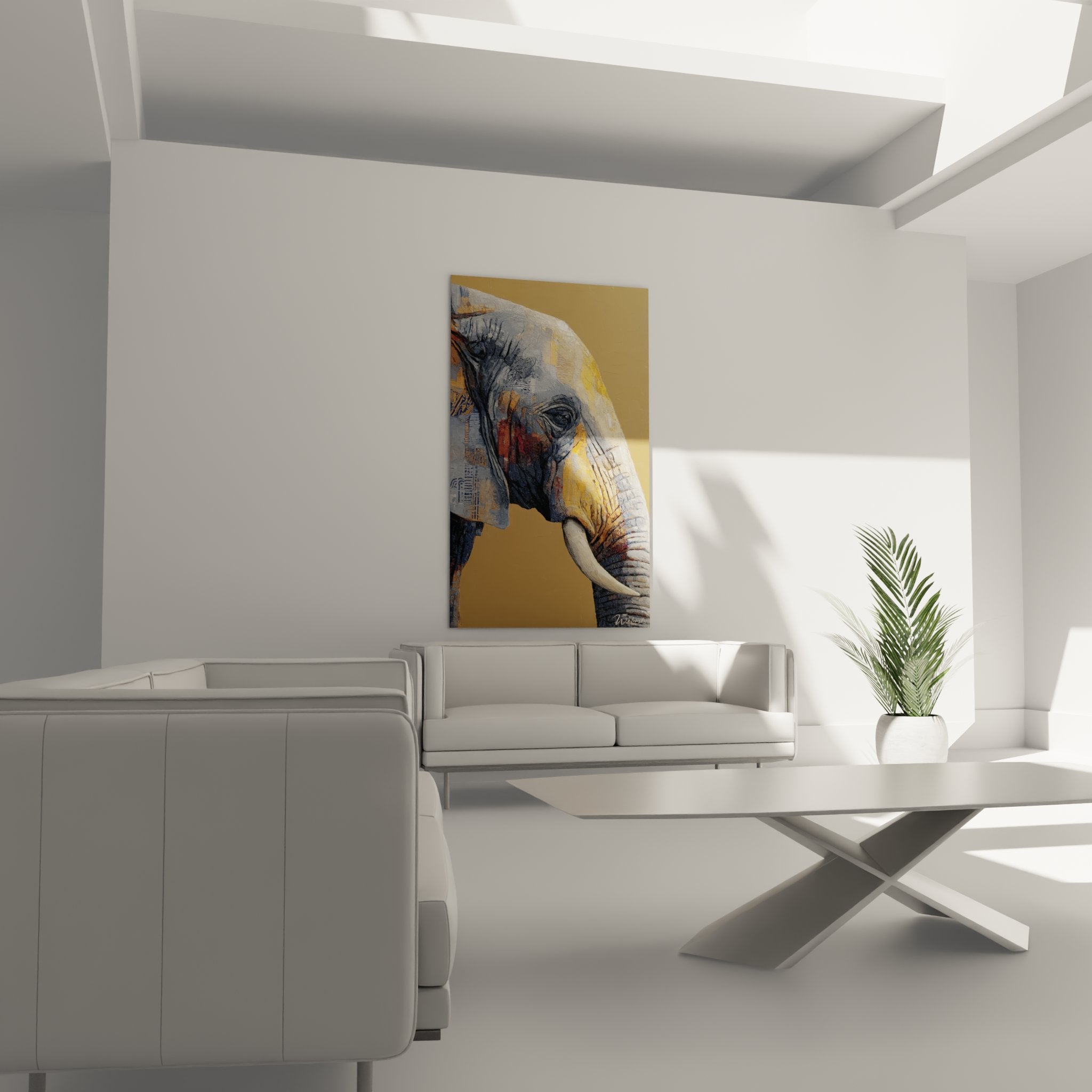 Nahaufnahme des Elefantengemäldes mit Texturen und goldenen Nuancen, ausdrucksstarkes Auge zeitgenössischer Kunst