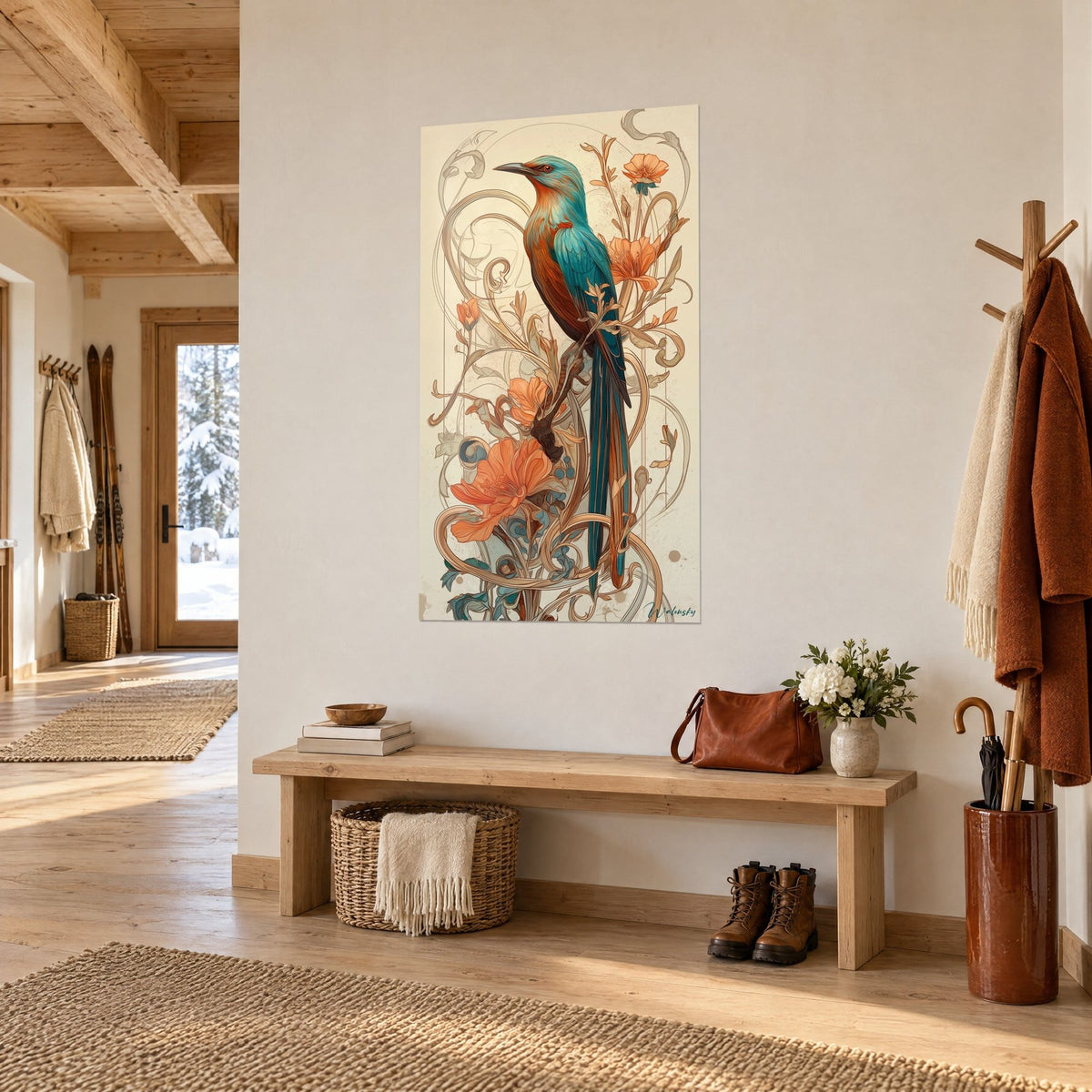 Tableau rollier aux longues plumes caudales bleu-vert et rousses, volutes dorées et pavots orangés, entrée de chalet en bois clair