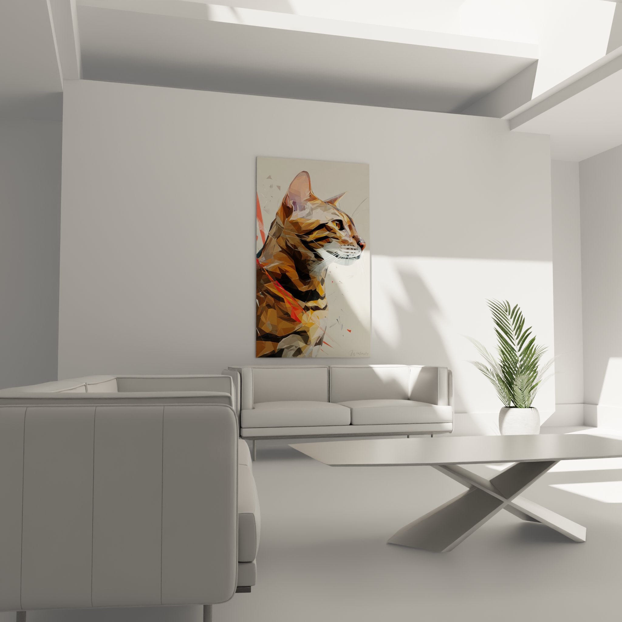 Détail du tableau chat Toyger montrant les facettes colorées et la technique low poly artistique