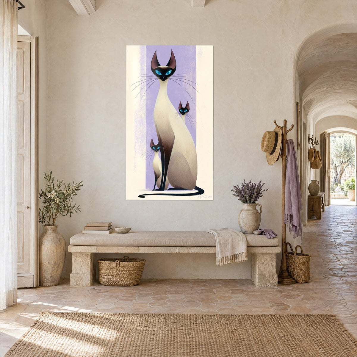 Wall art feline with large brown ears and fine whiskers, pastel violet and ivory, in the stone hallway of a Provençal farmhouse