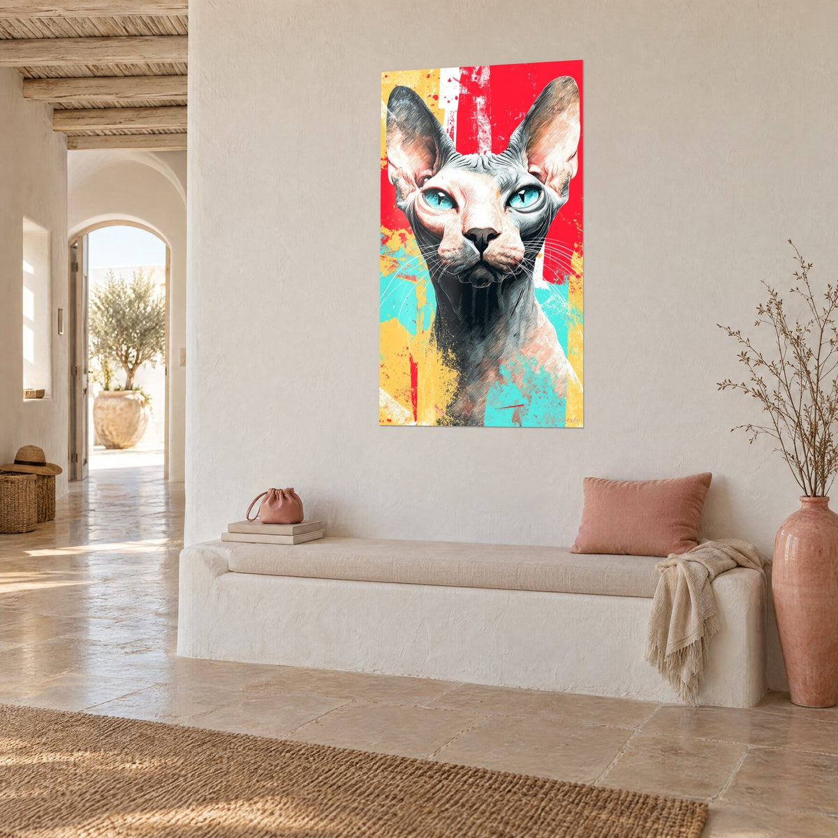 Wall art hairless cat with large ears, cyan blue gaze over red and yellow color blocks, three-quarter view, white bench in a Mediterranean house