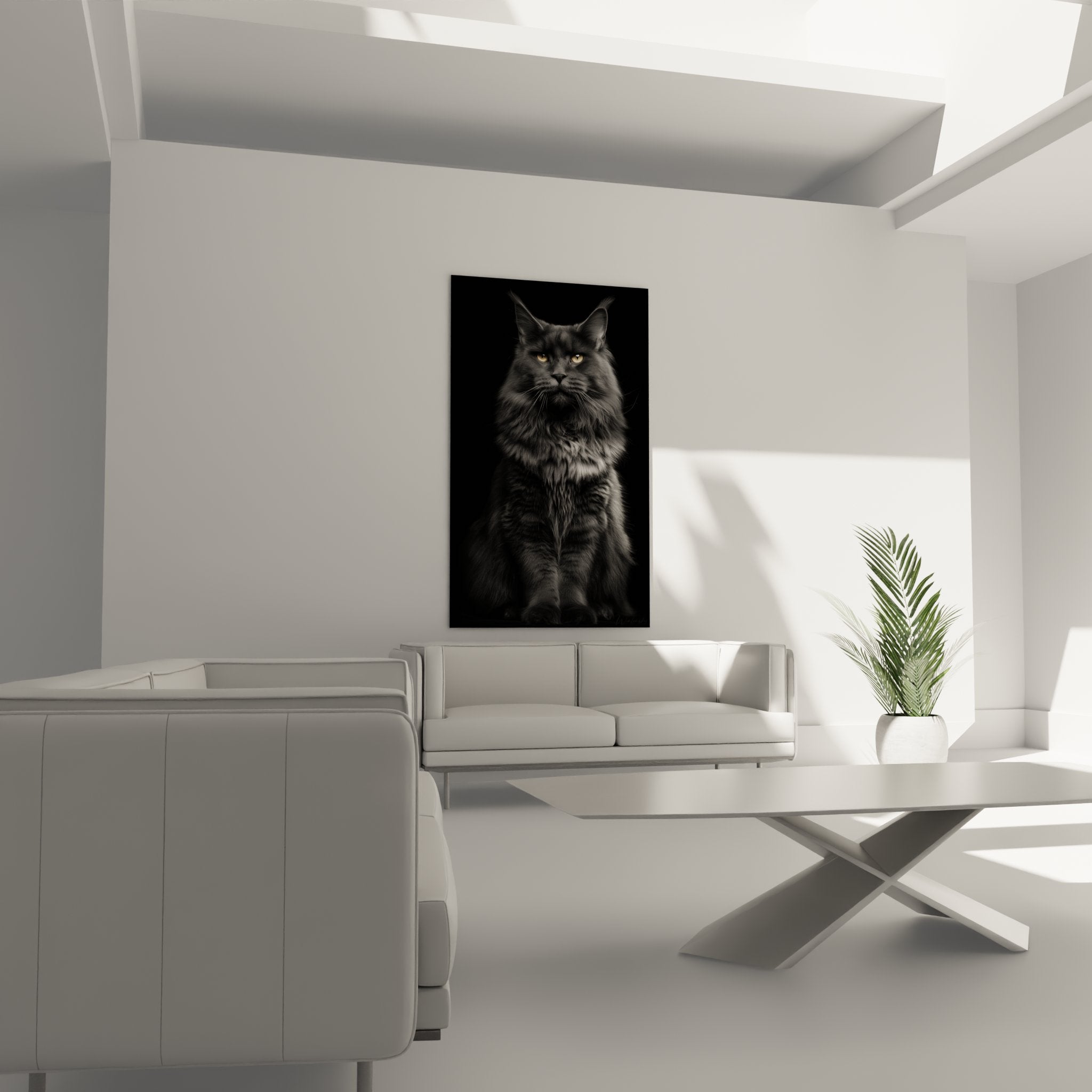 Primo piano del quadro Gatto Maine Coon che mostra i dettagli del morbido pelame e gli occhi dorati penetranti in bianco e nero