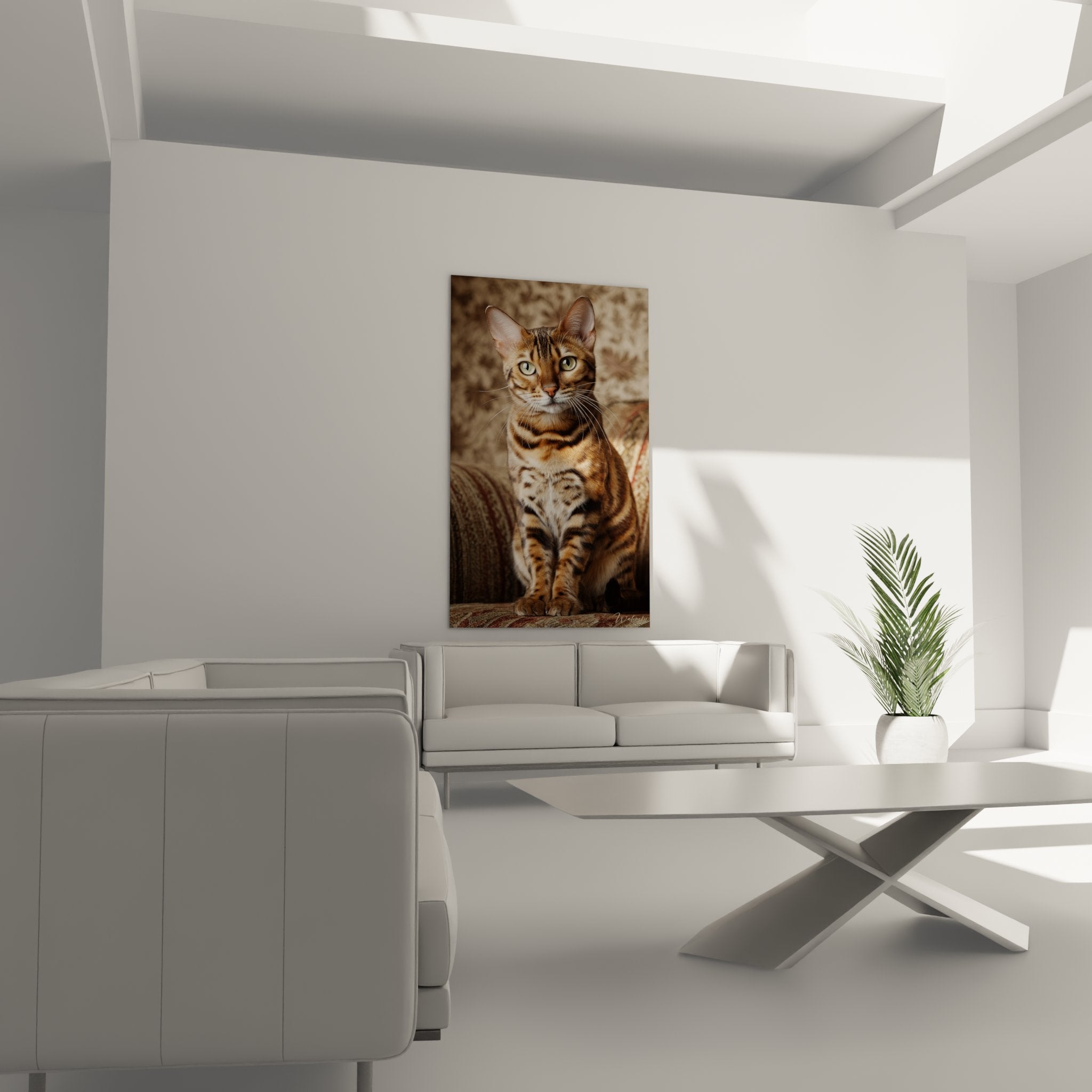 Gros plan tableau Bengal aux yeux verts percants, details fourrure tachetee doree et cuivree