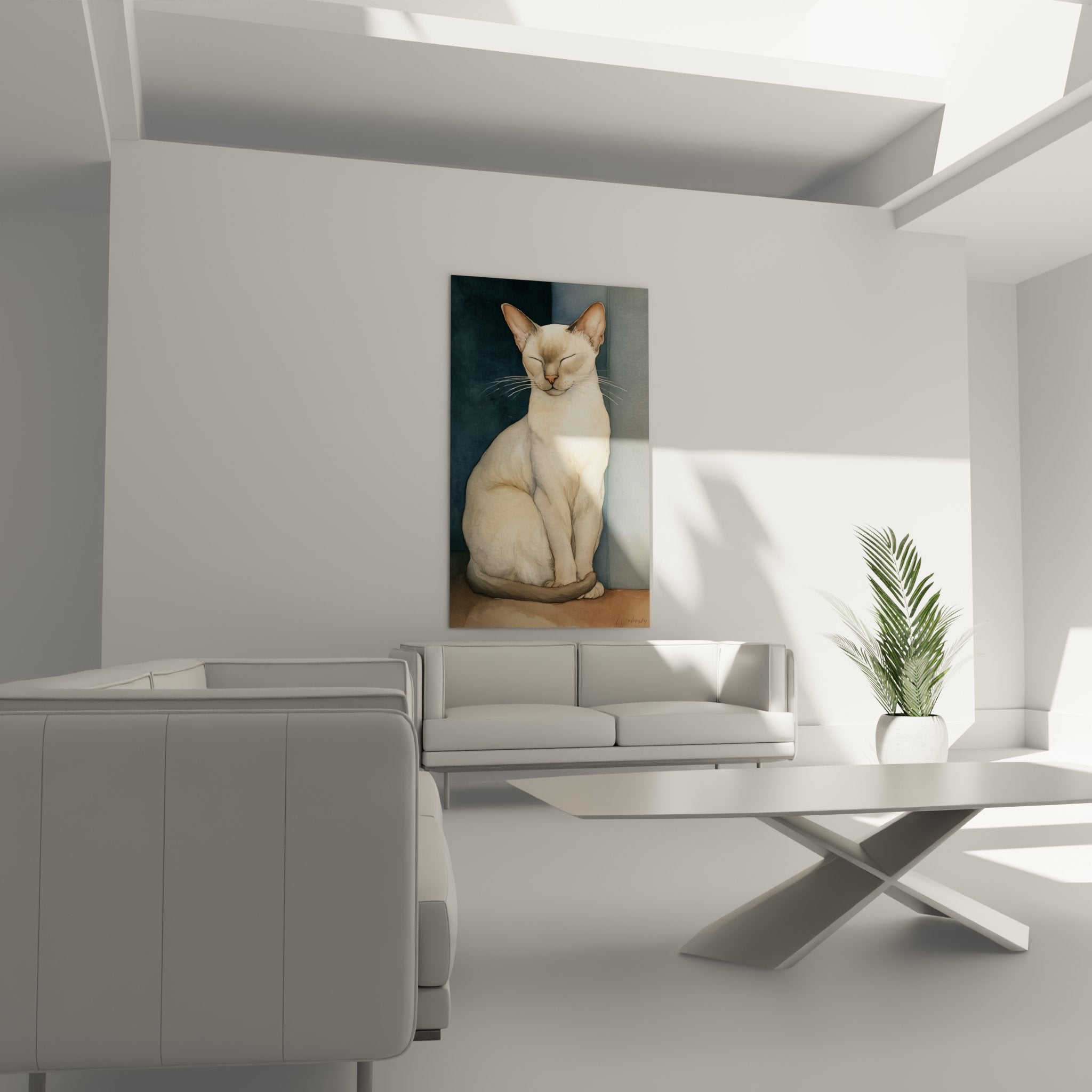 Gros plan tableau chat Tonkinois aux yeux fermés, expression sereine, détails artistiques raffinés