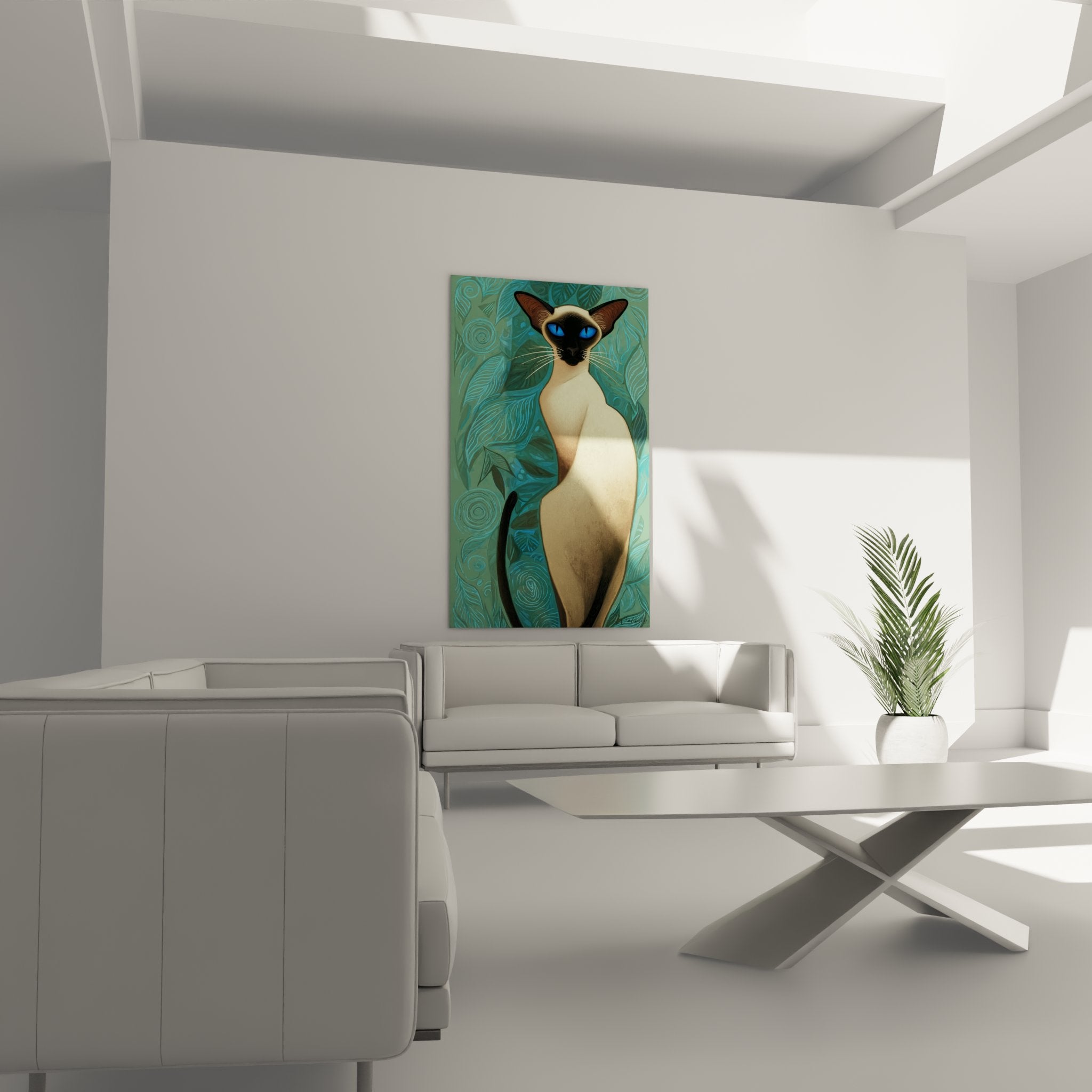 Primo piano degli occhi azzurri penetranti del gatto siamese in uno stile artistico tropicale moderno