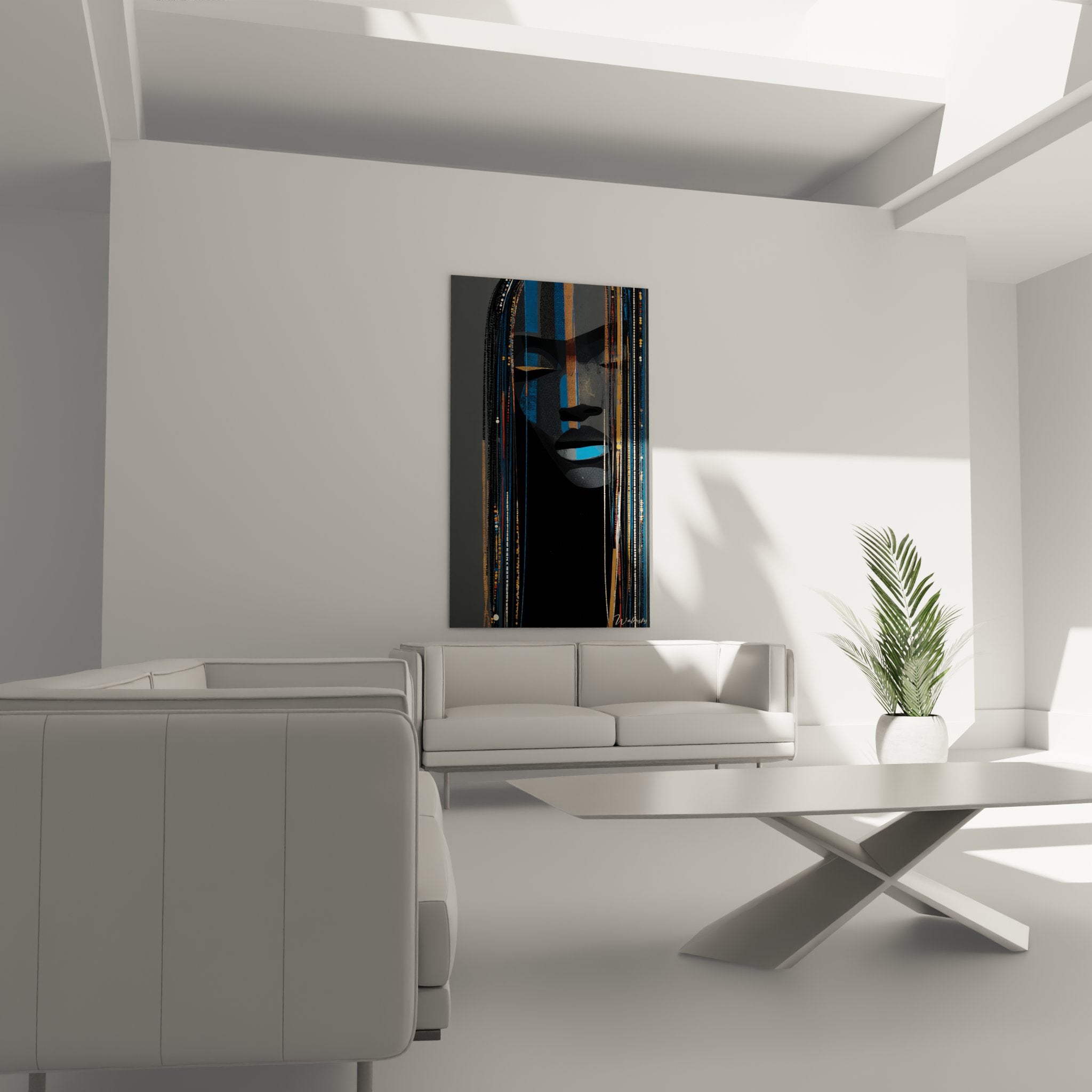 Dettaglio del quadro che mostra le texture dorate e i tratti delicati del ritratto africano contemporaneo