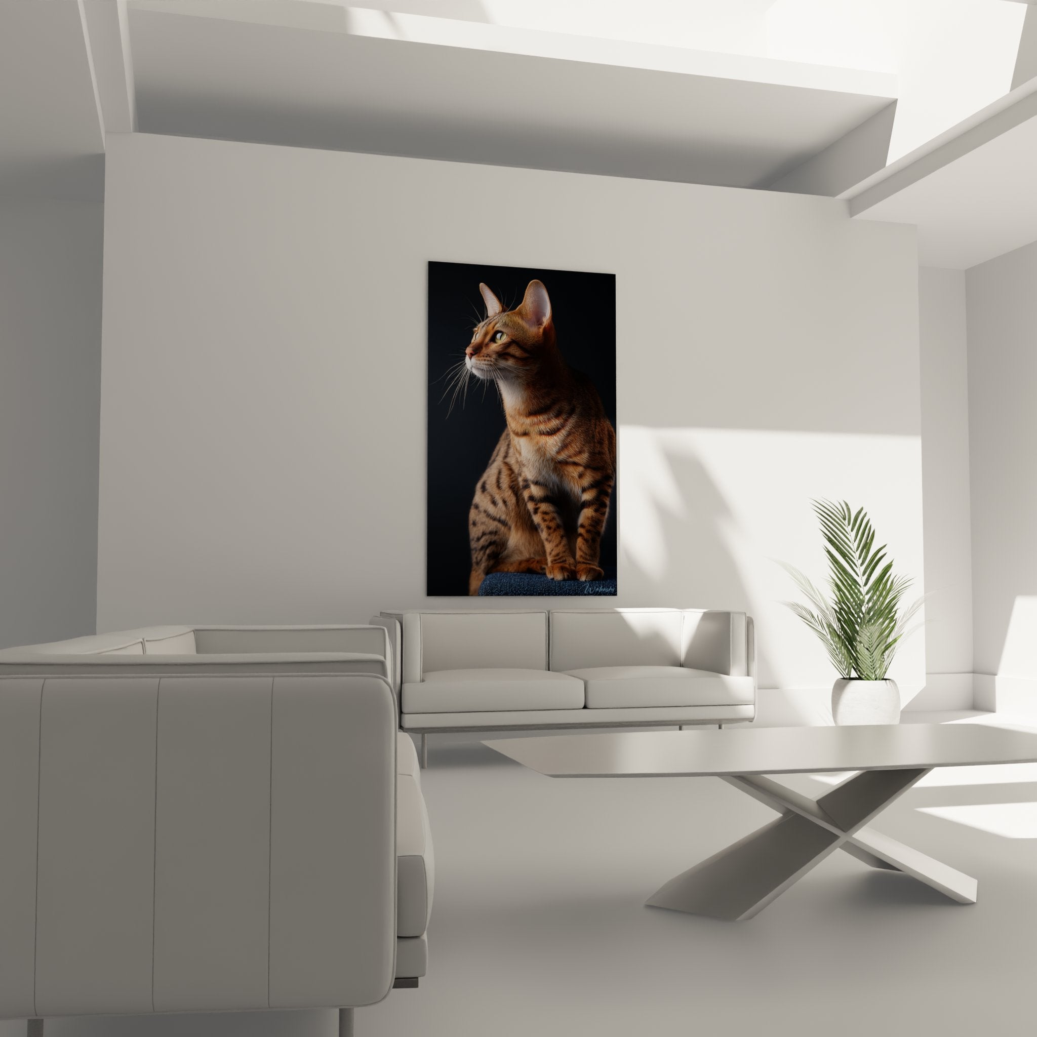 Close-up Toyger cat artwork with striking details whiskers pointed ears piercing green eyes