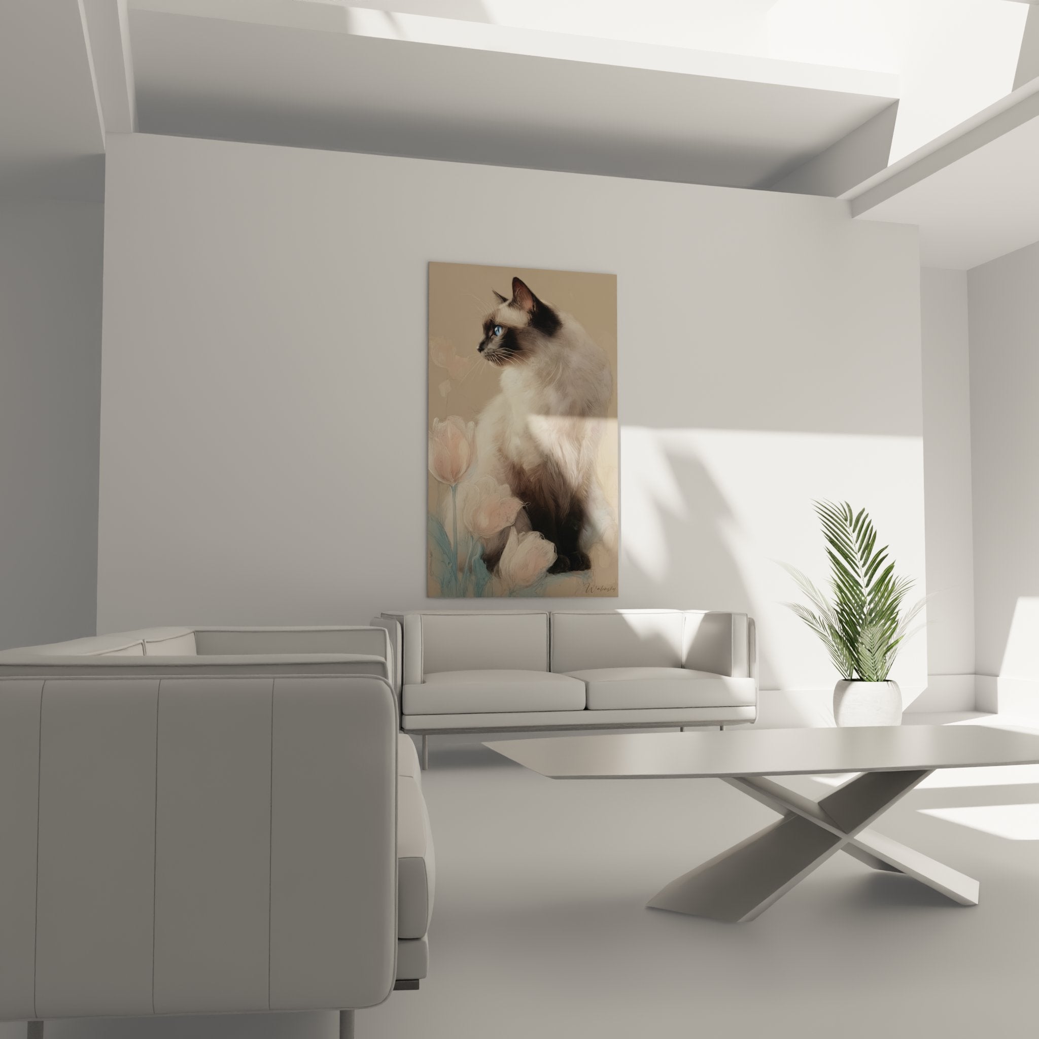 Birman cat portrait detail with striking blue eyes, beige and brown coat, delicate painting technique