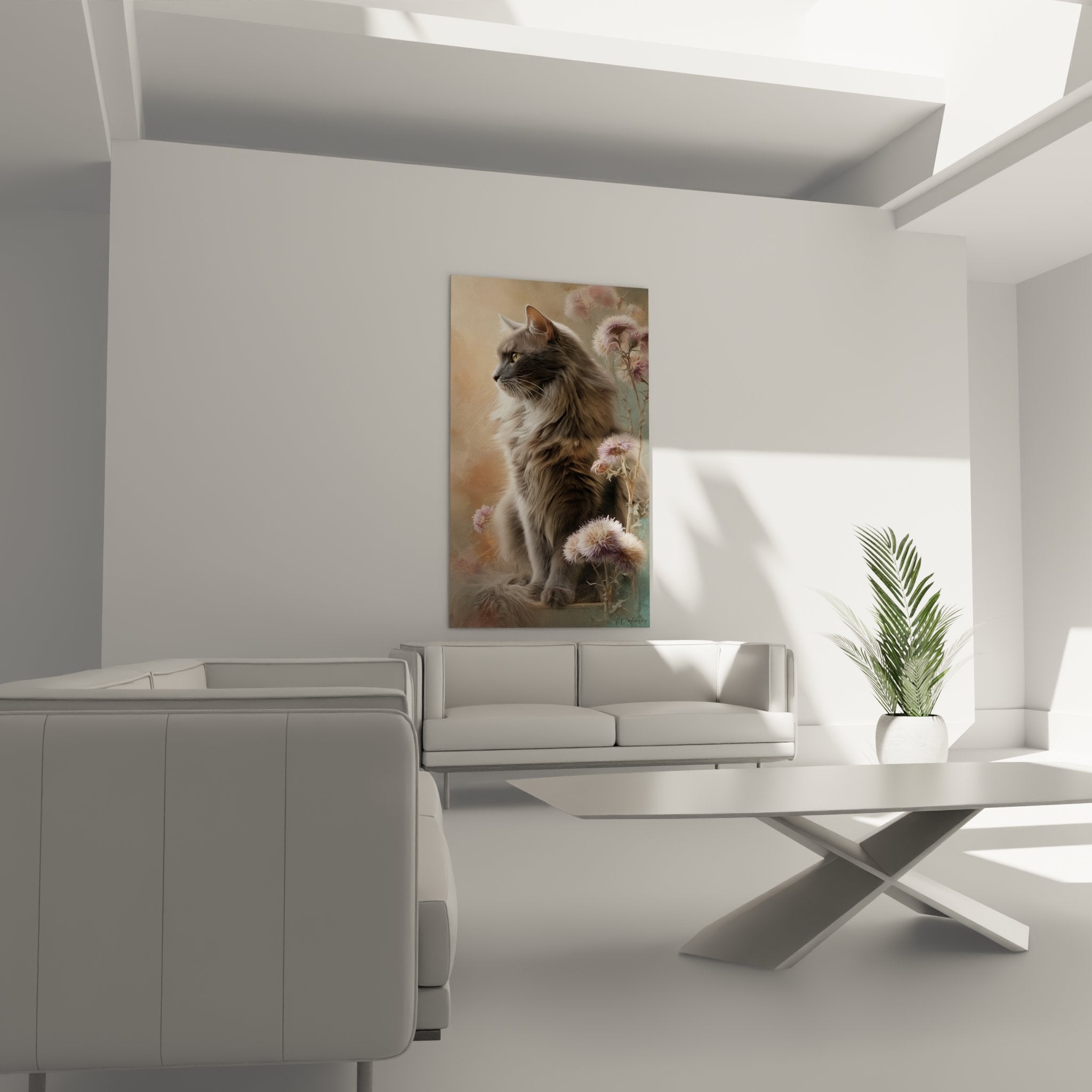 Detail Gemälde Turkish Angora, silbergraues Fell, rosafarbene Wildblumen, realistische Katzenmalerei