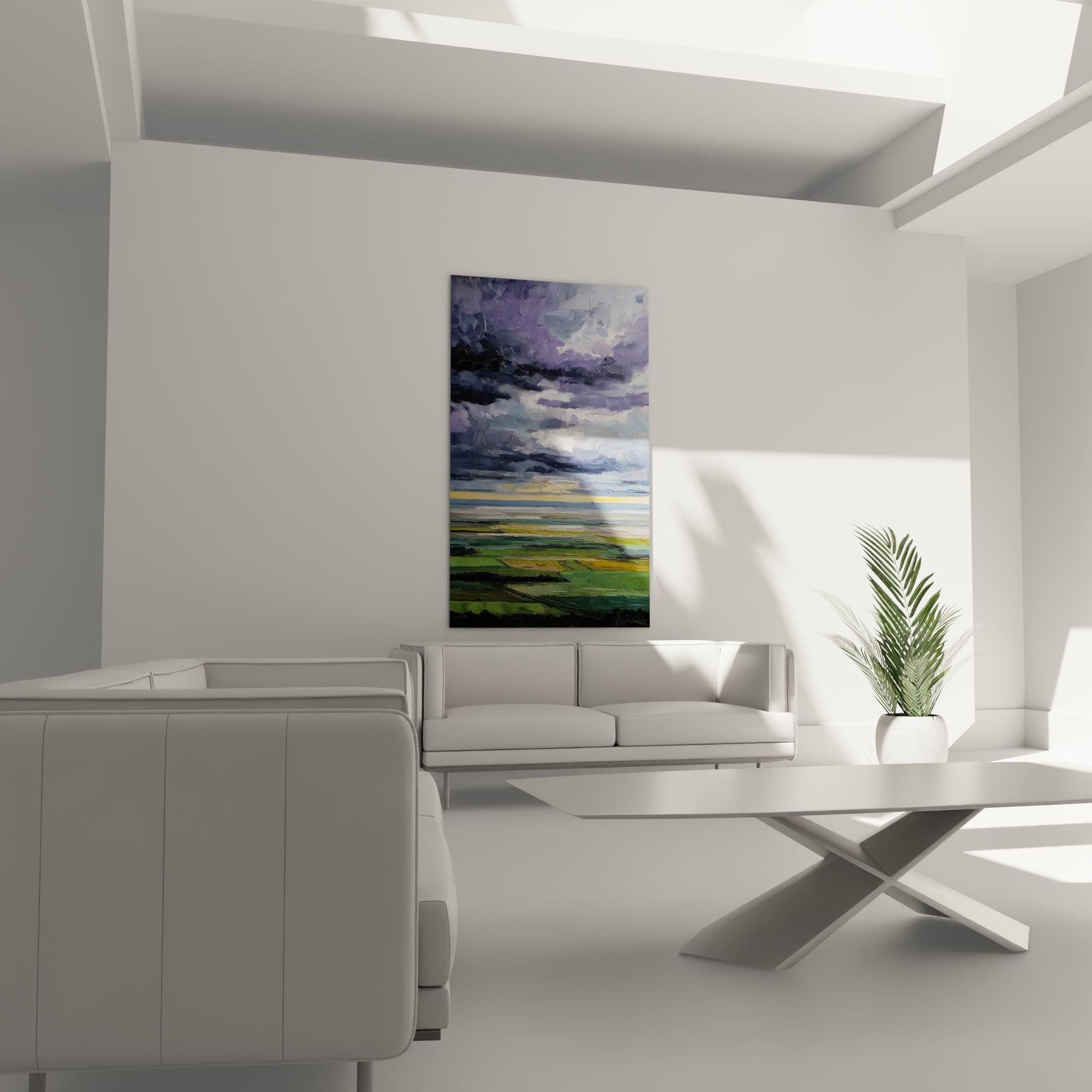 Dettaglio texture pittura a spatola quadro normanno, nuvole viola e campi verdi in primo piano artistico