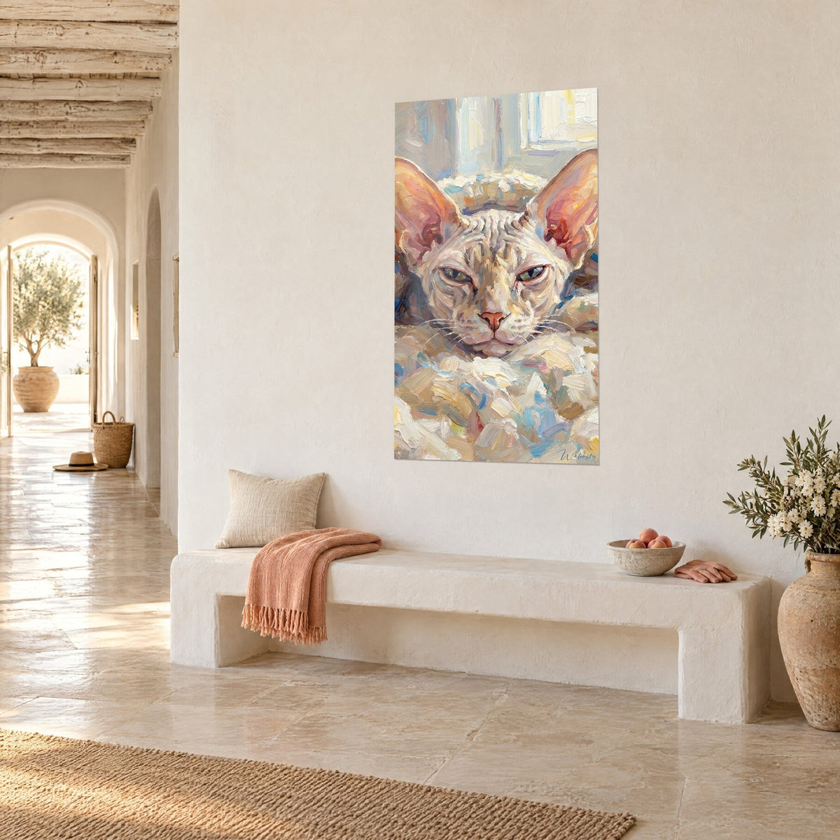 Wall art feline portrait with half-closed green gaze, ochre and pale blue brushstrokes, hung in a hallway with white arches