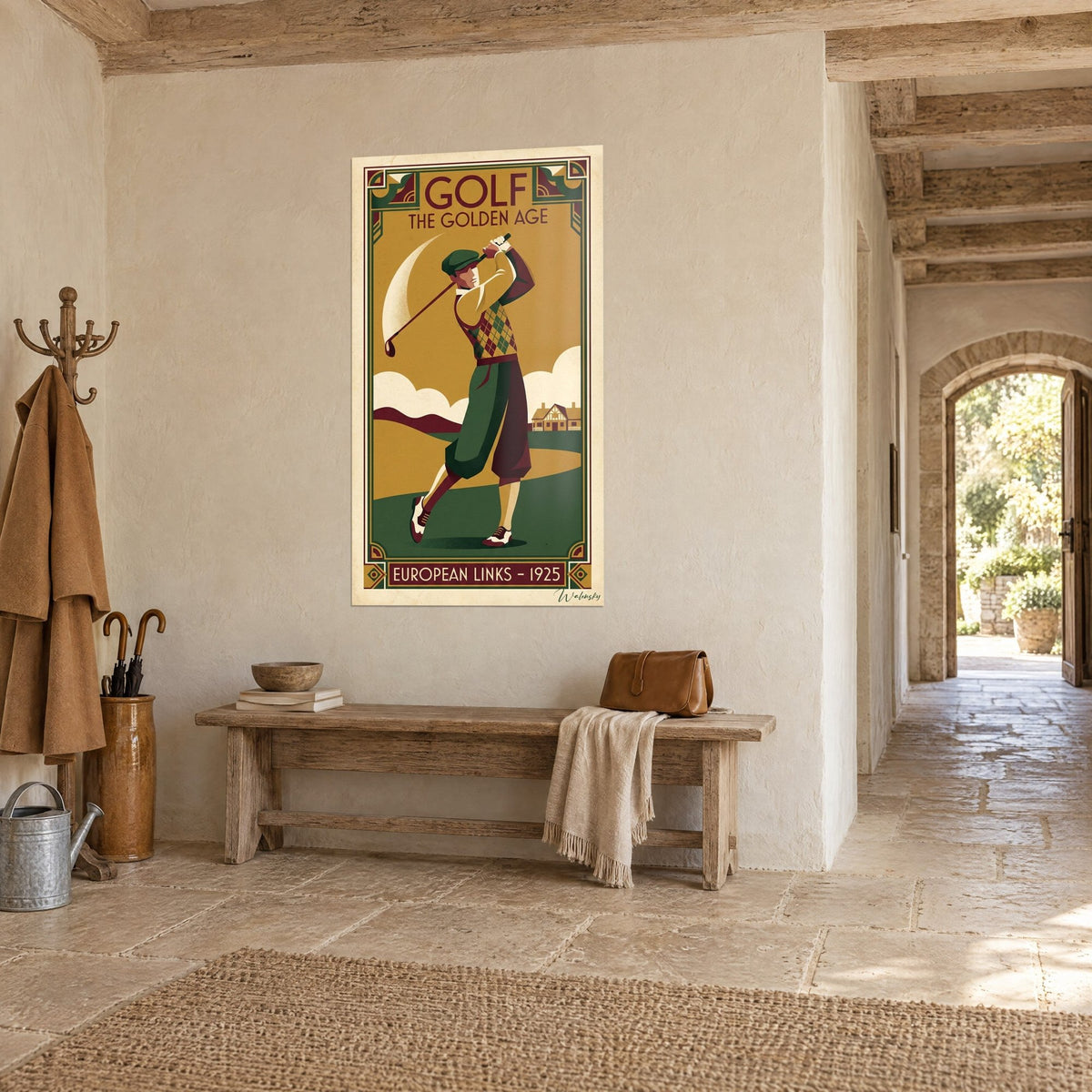 Tableau affiche rétro d'un joueur de golf, chandail à losanges bordeaux et verts, cadre doré, dans un couloir de pierre claire