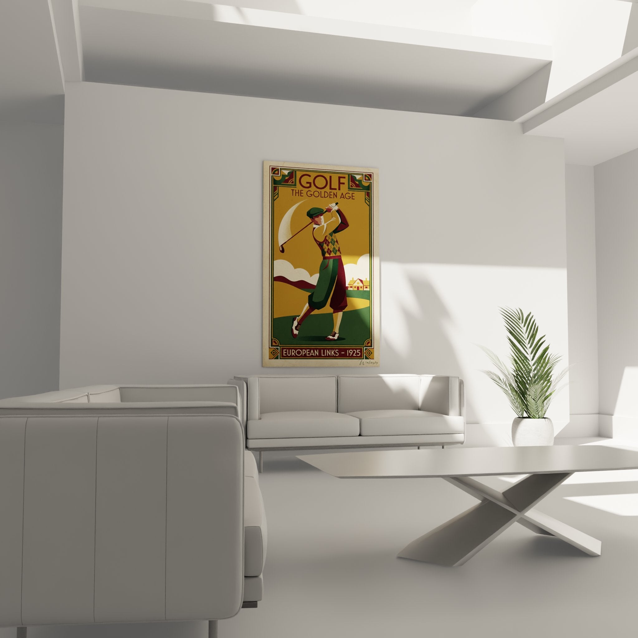 Détail du tableau golf vintage montrant le golfeur en pull géométrique et l'esthétique Art Déco 1925