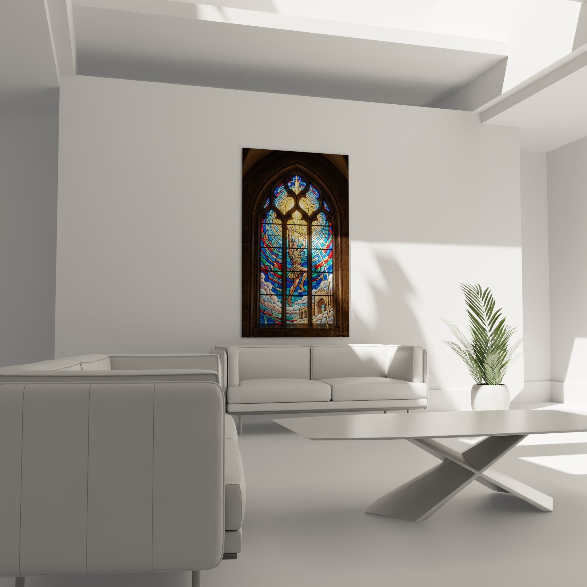 Detail du vitrail athletique montrant le coureur en mouvement avec jeux de lumiere colores