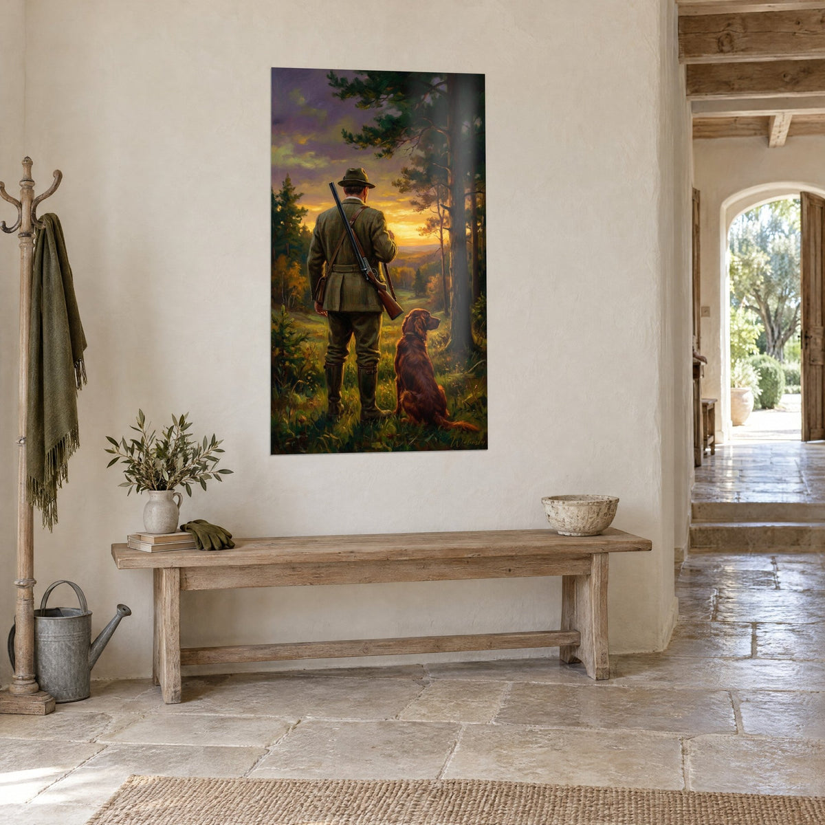 Wall art gentleman with a shotgun over his shoulder and a seated dog, purple and orange sky, on a white stone wall