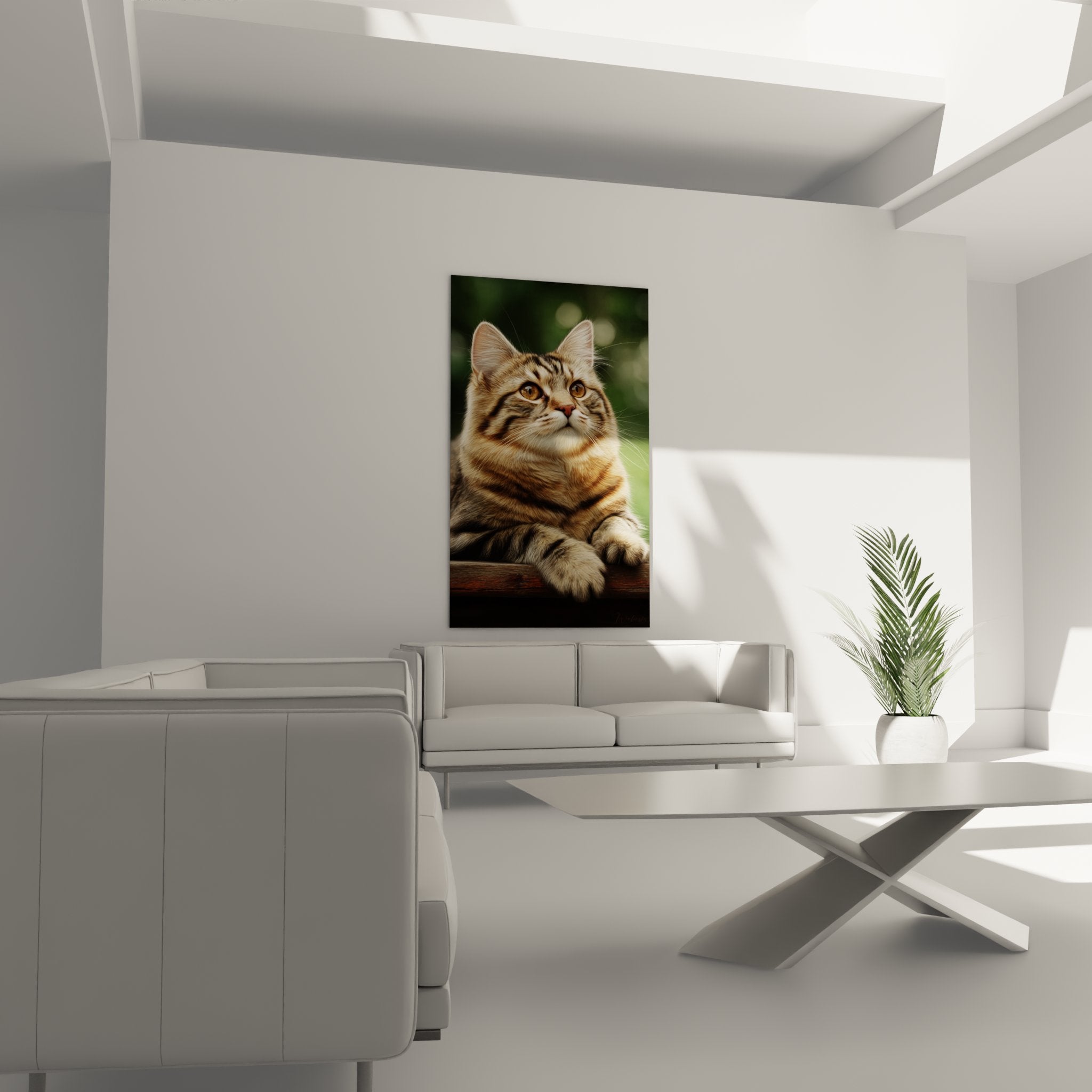 Gros plan tableau chat American Bobtail, détails yeux ambrés et pelage tabby, technique hyperréaliste