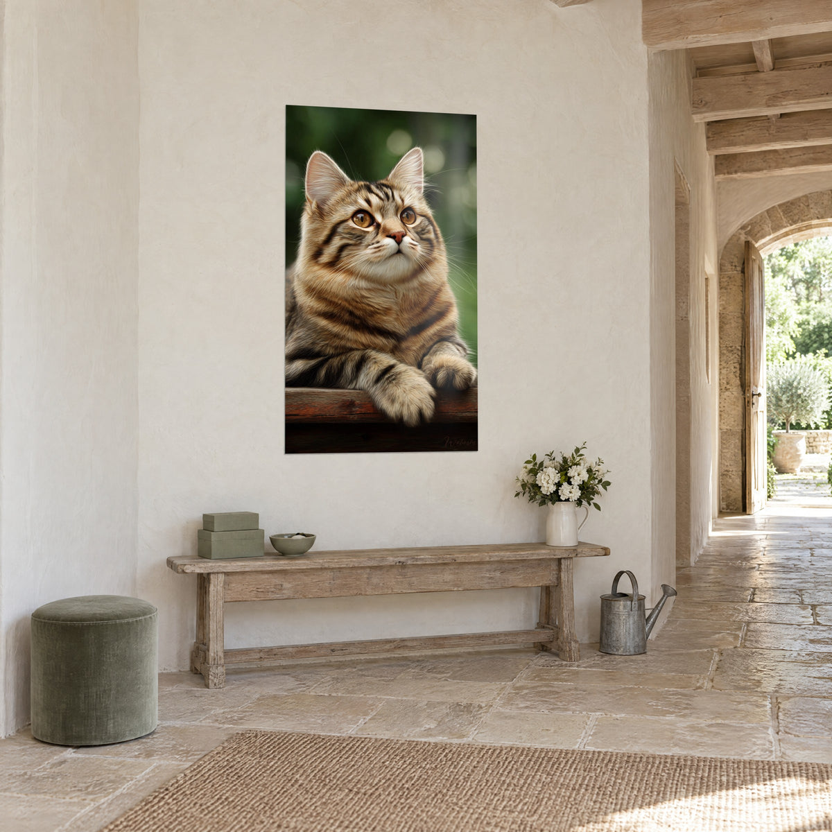 Wall art striped cat looking upward, blurred green background and brown wood, hung in a stone hallway with light tiles