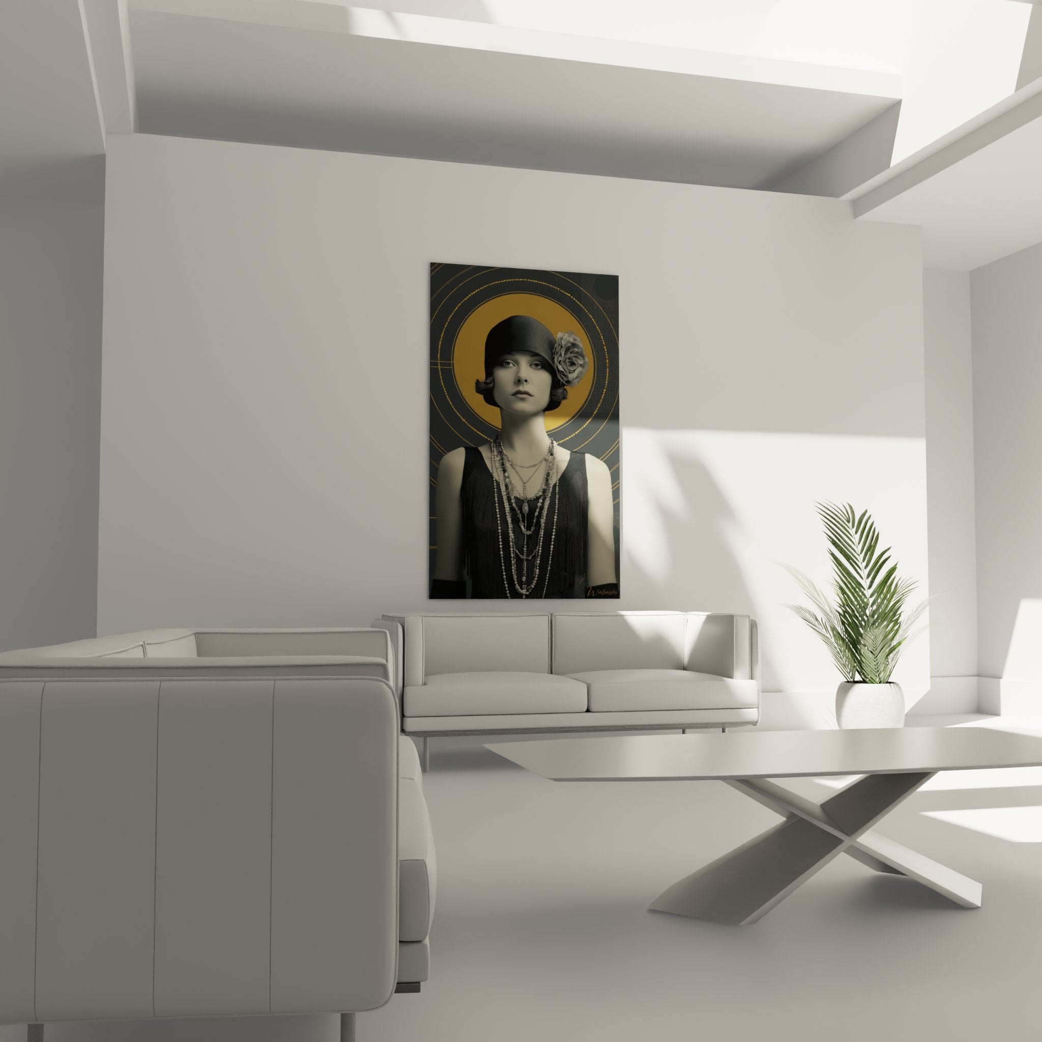 Dettaglio quadro art deco ritratto donna bob acconciatura rosa collane perle multiple stile flapper