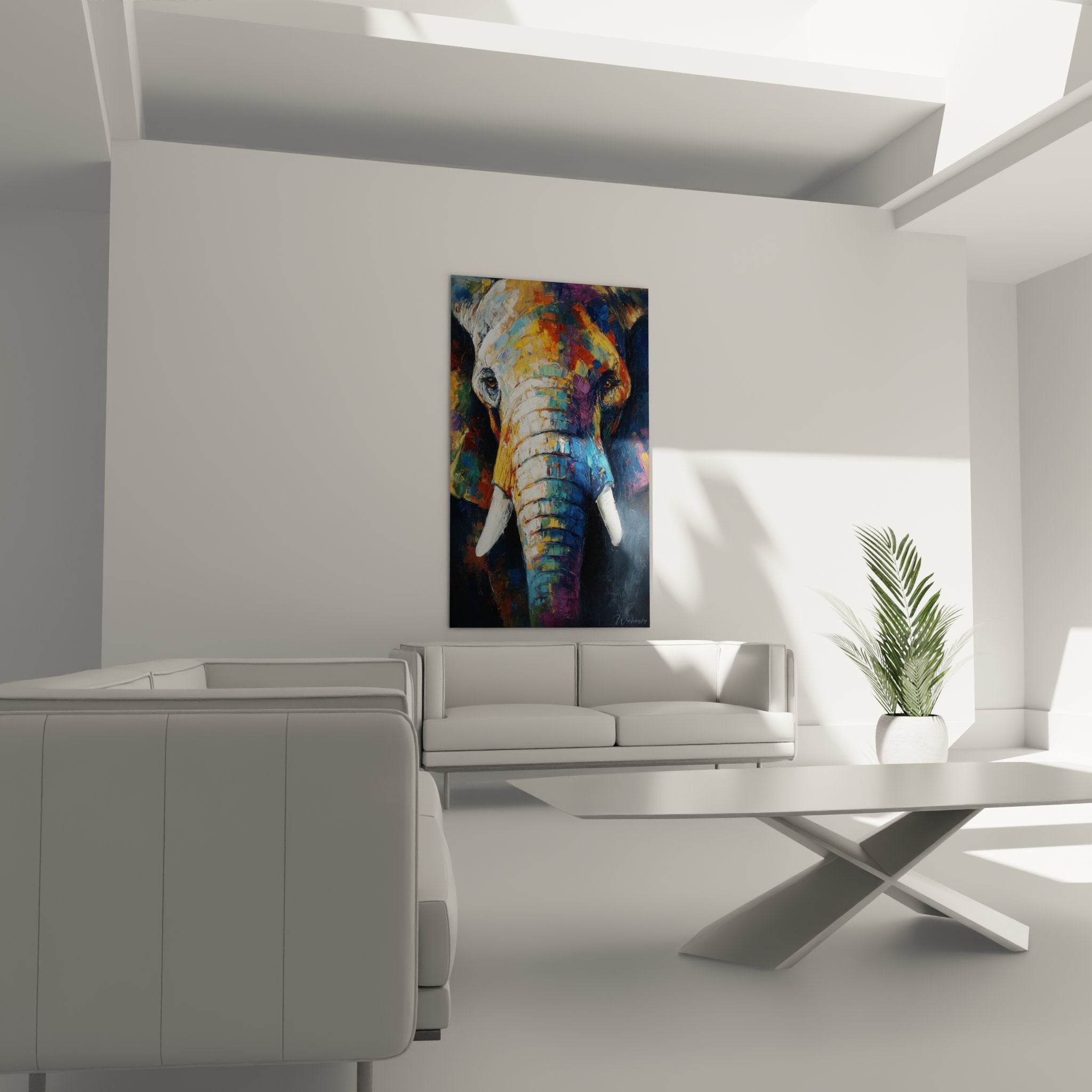 Close-up colorful elephant painting - abstract paint details white tusks expressive eyes African art