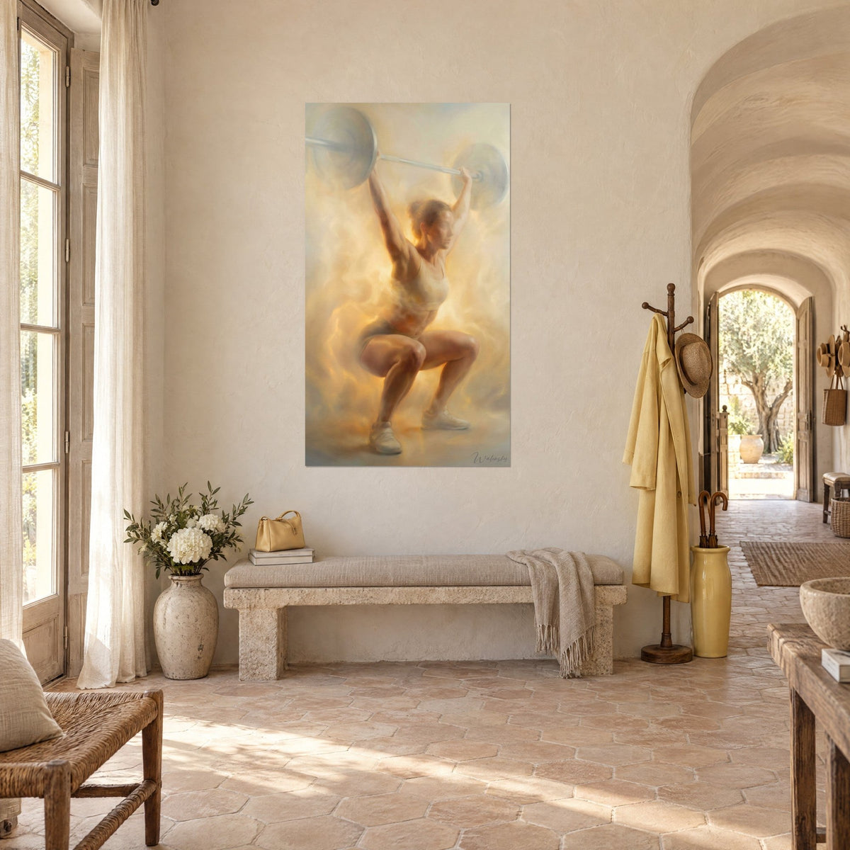 Wall art of a female athlete crouched under her grey-plated barbell, golden and ivory mist, whitewashed wall of a vaulted hallway in the farmhouse