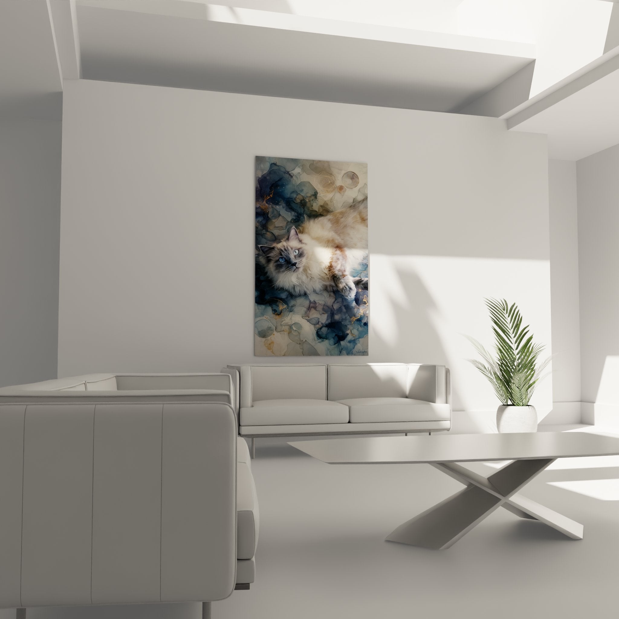 Primo piano quadro gatto ragdoll occhi blu tecnica acquerello dettagli mantello setoso sfumature beige